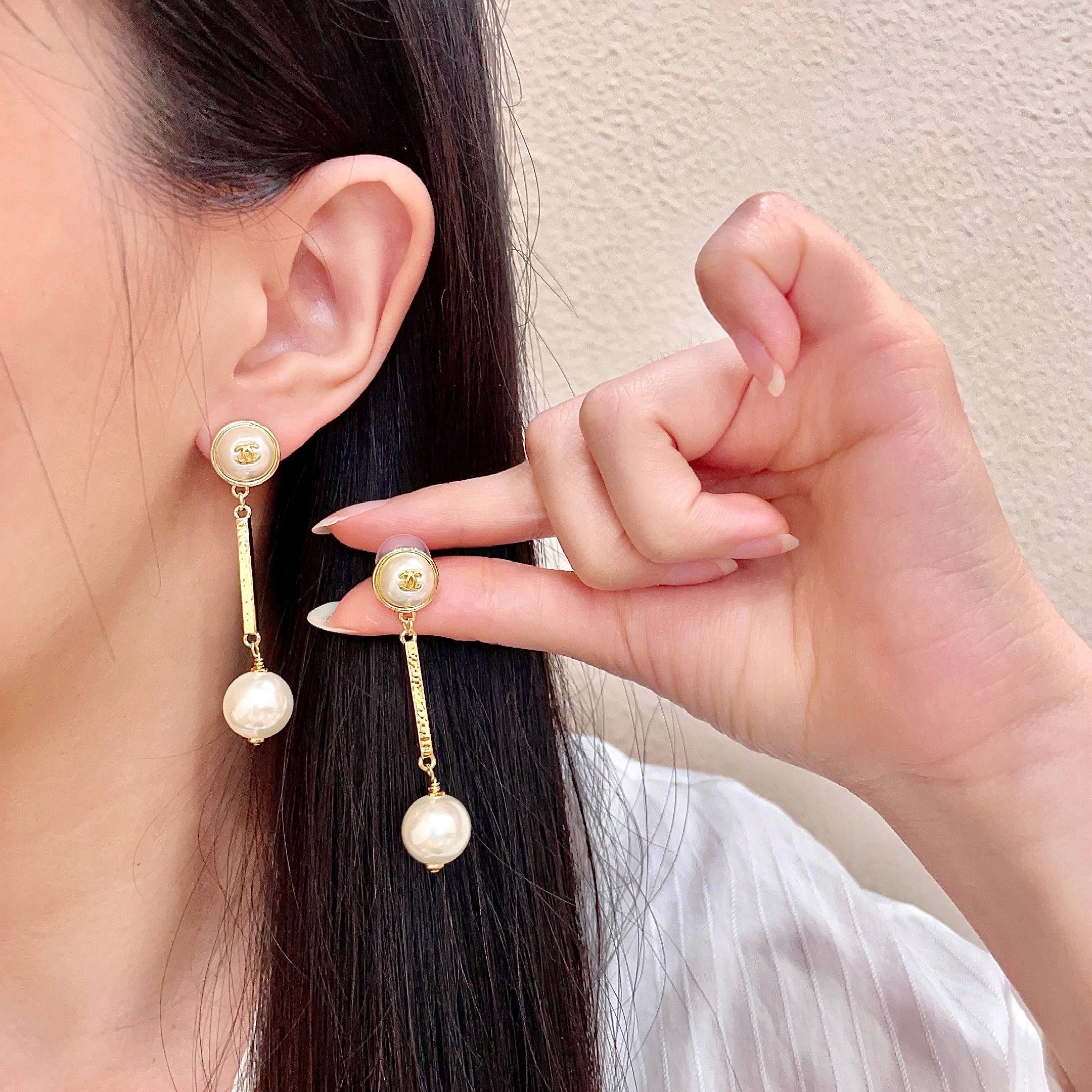 Chanel CC Logo Pearl Drop Earrings earrings Gold-tone metal with cream white faux pearls 4 5cm drop length