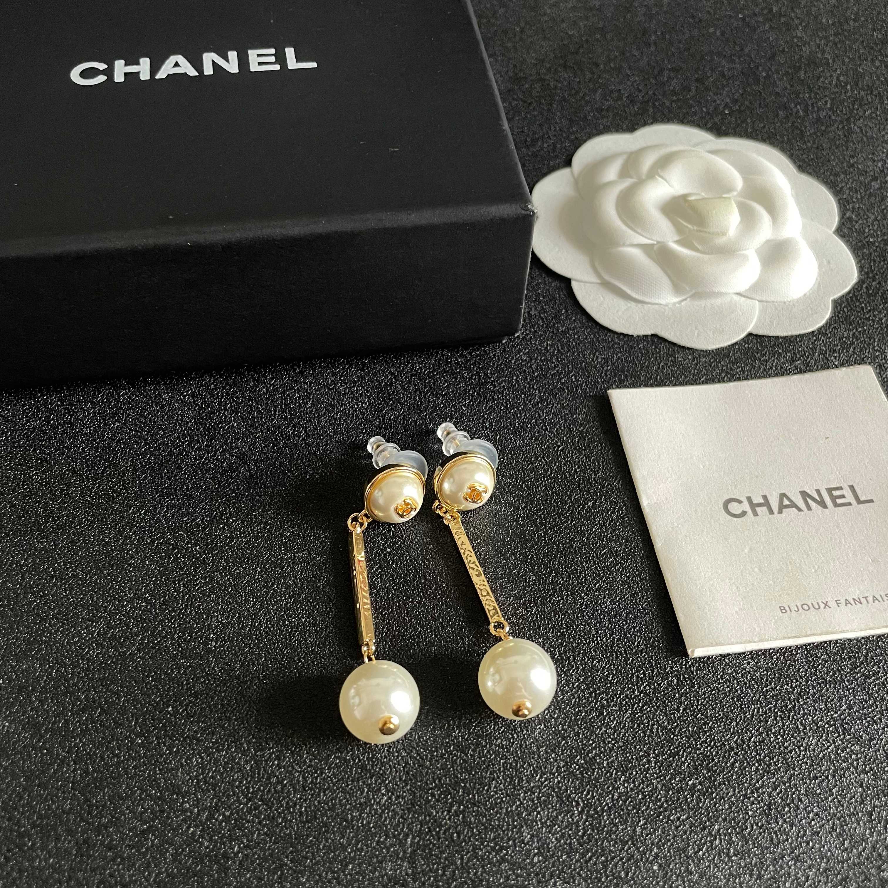 Chanel CC Logo Pearl Drop Earrings earrings Gold-tone metal with cream white faux pearls 4 5cm drop length