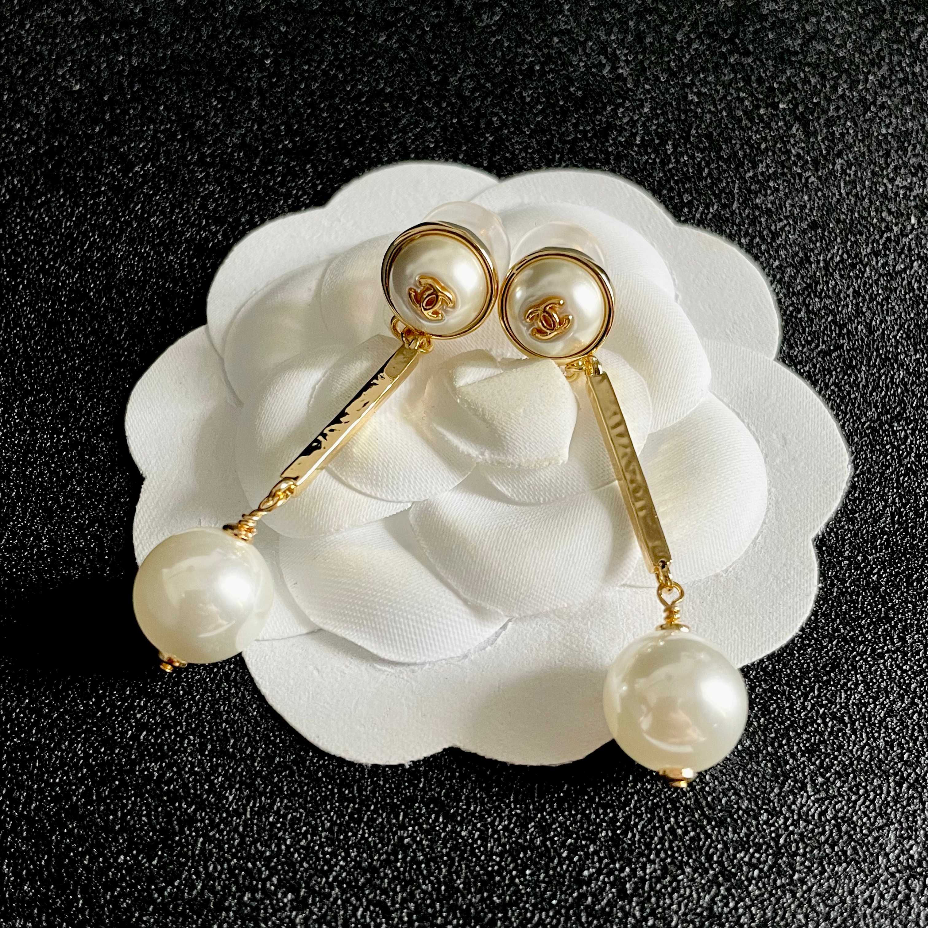 Chanel CC Logo Pearl Drop Earrings earrings Gold-tone metal with cream white faux pearls 4 5cm drop length
