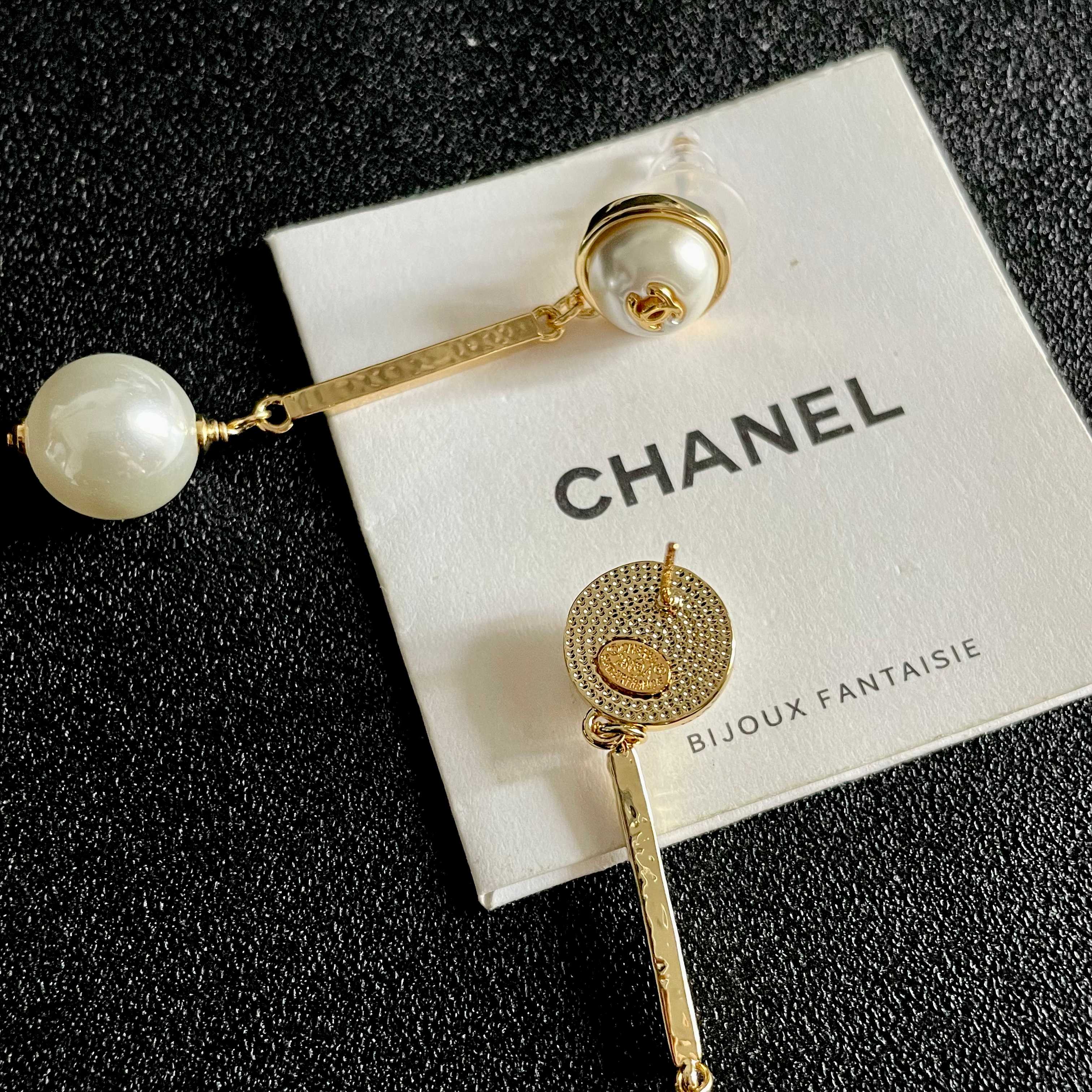 Chanel CC Logo Pearl Drop Earrings earrings Gold-tone metal with cream white faux pearls 4 5cm drop length
