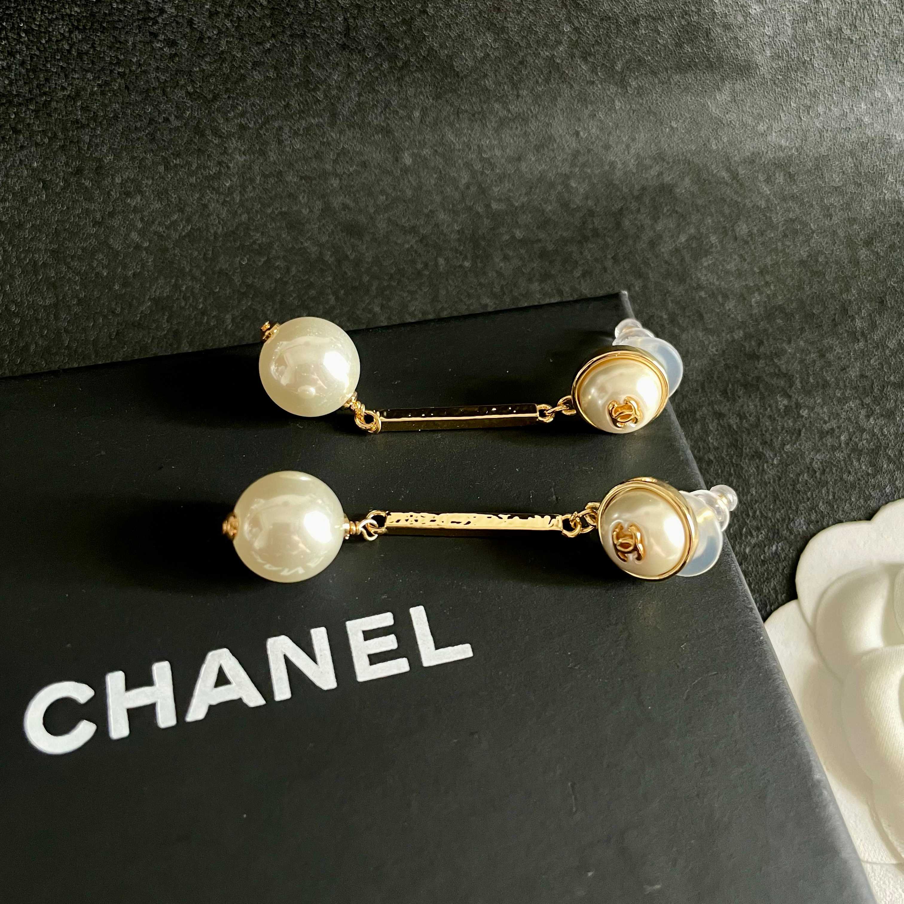 Chanel CC Logo Pearl Drop Earrings earrings Gold-tone metal with cream white faux pearls 4 5cm drop length