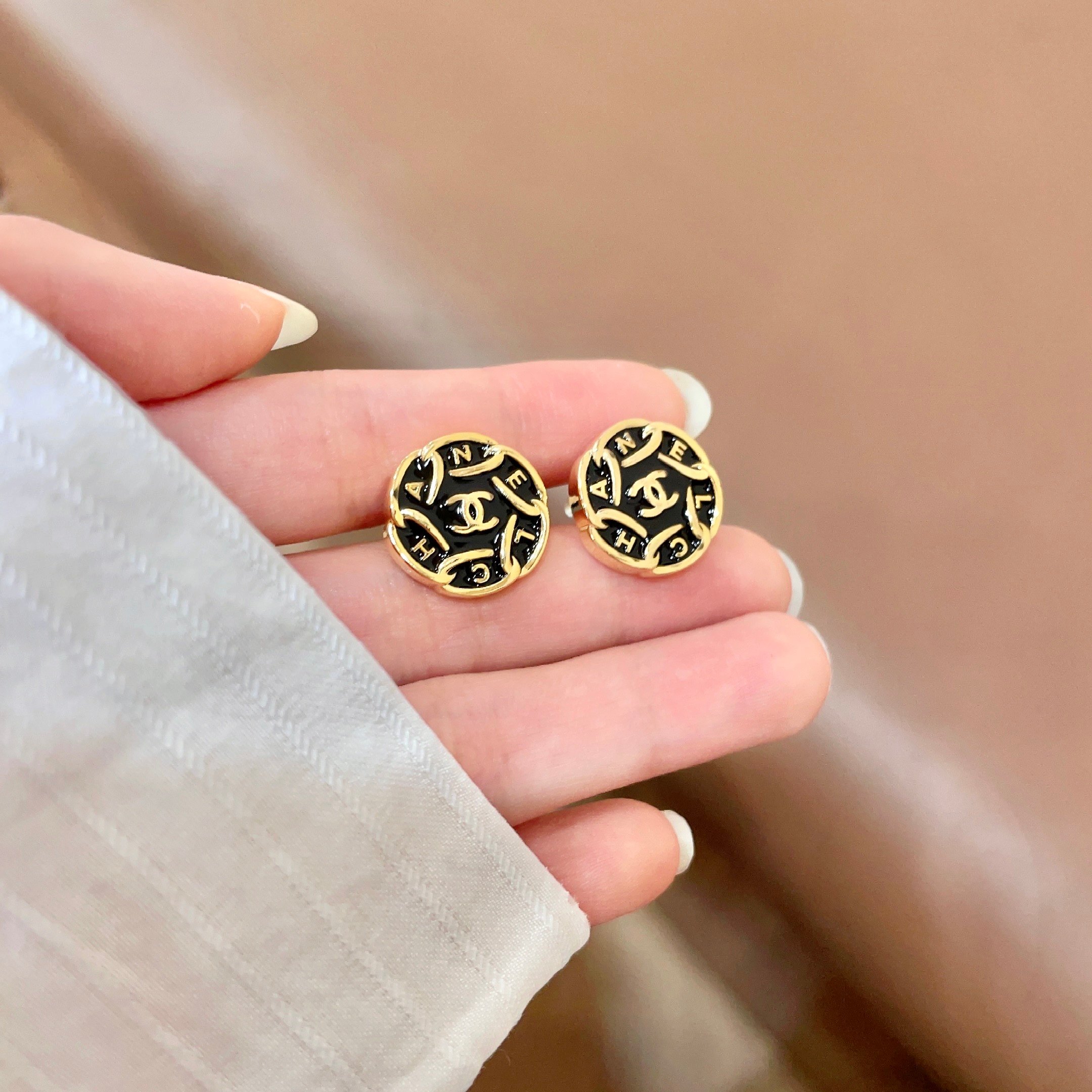 Chanel CC Logo Round Letter Button Stud Earrings earrings gold tone metal with black enamel 1 5cm diameter