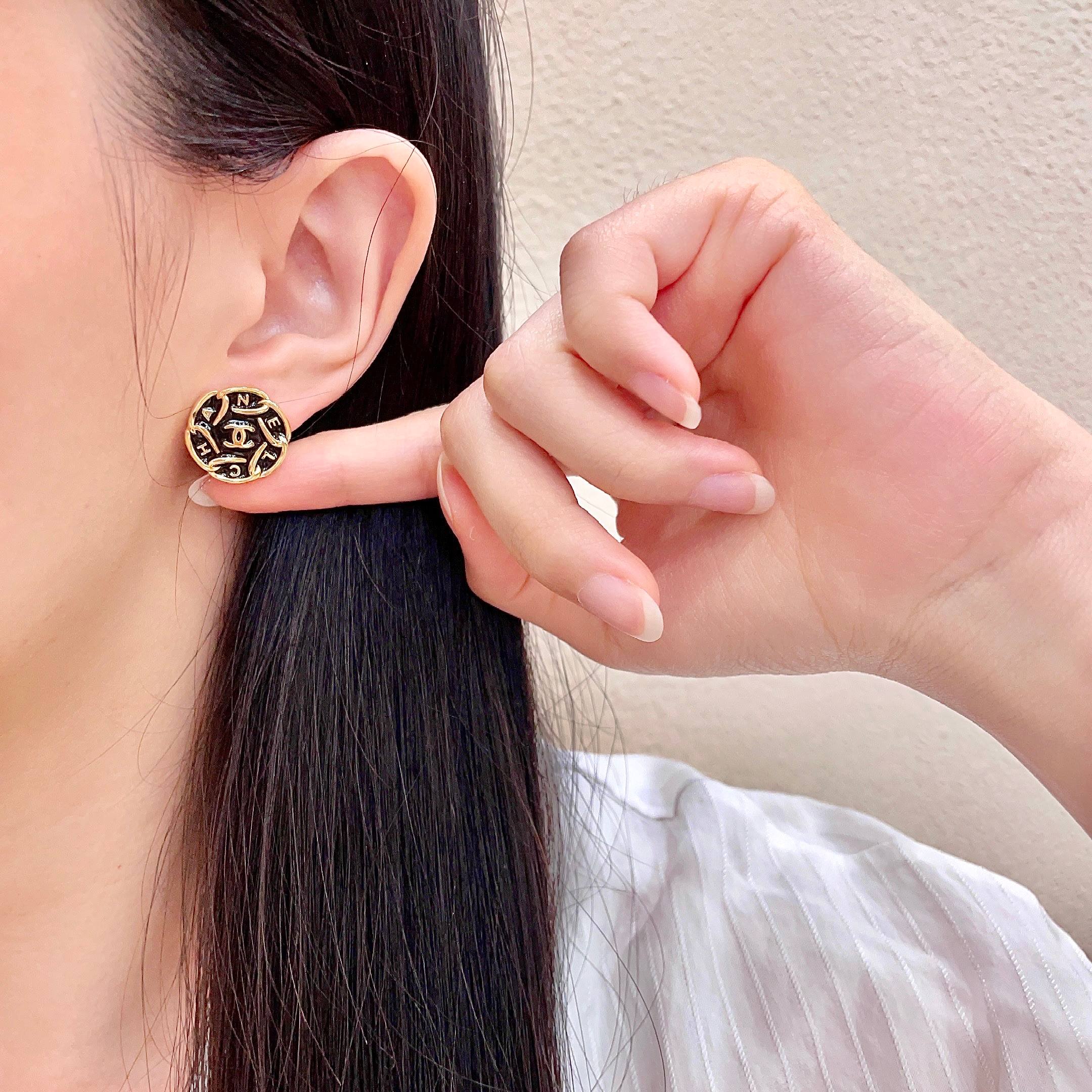 Chanel CC Logo Round Letter Button Stud Earrings earrings gold tone metal with black enamel 1 5cm diameter