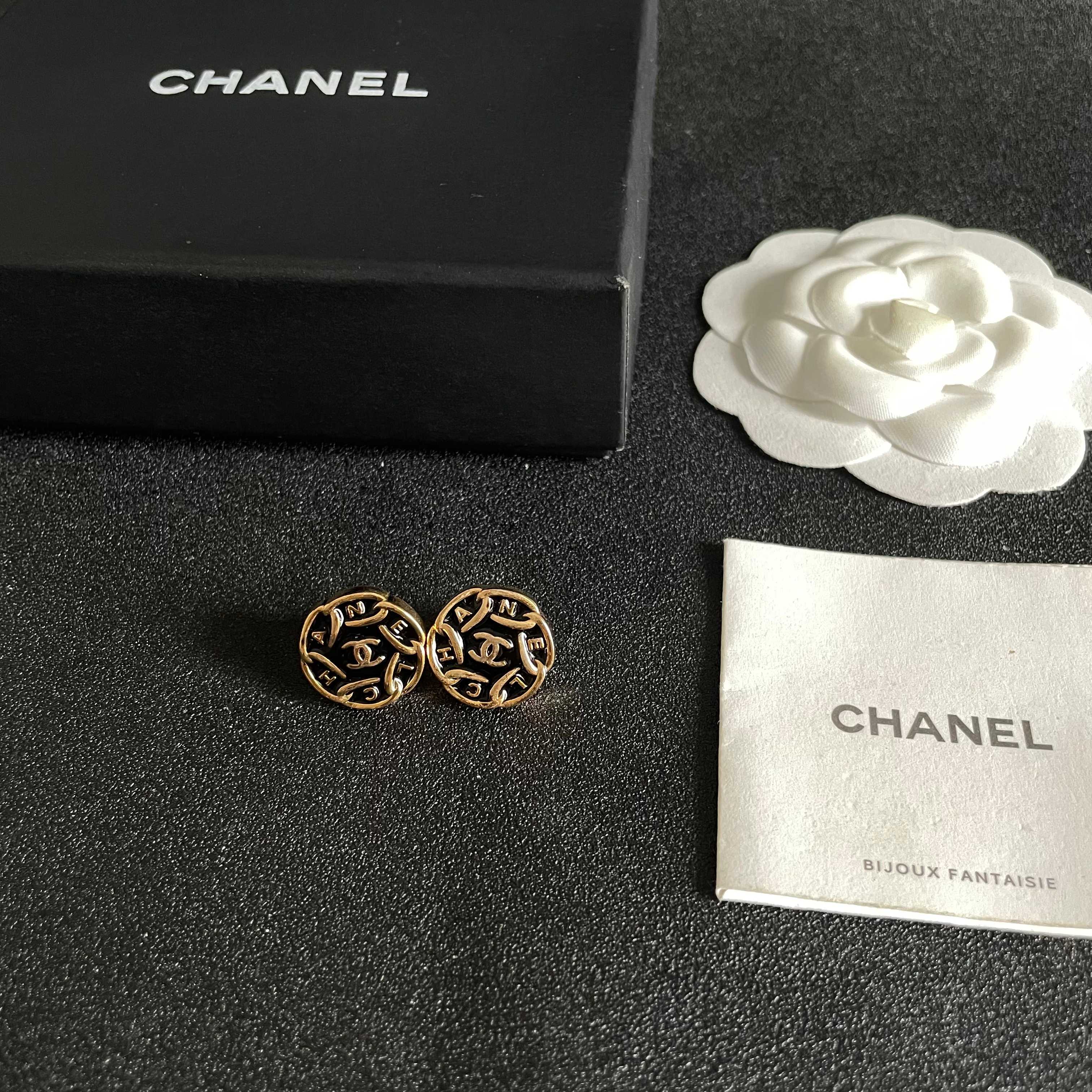 Chanel CC Logo Round Letter Button Stud Earrings earrings gold tone metal with black enamel 1 5cm diameter