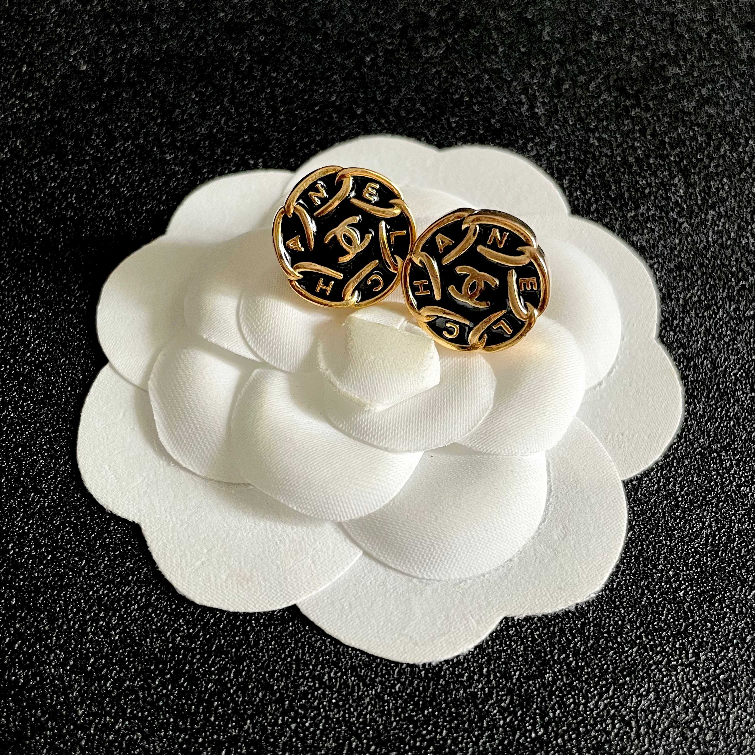 Chanel CC Logo Round Letter Button Stud Earrings earrings gold tone metal with black enamel 1 5cm diameter