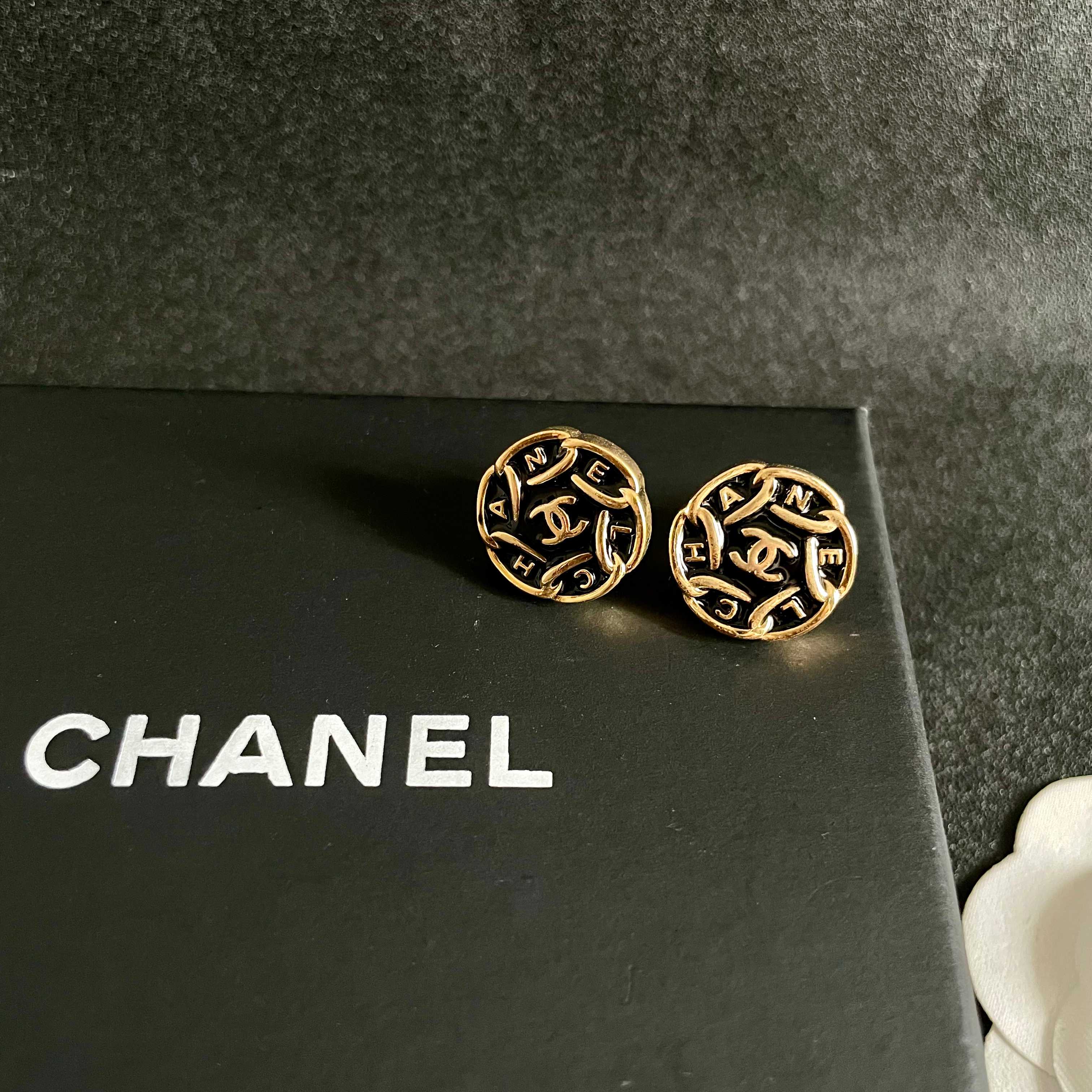 Chanel CC Logo Round Letter Button Stud Earrings earrings gold tone metal with black enamel 1 5cm diameter