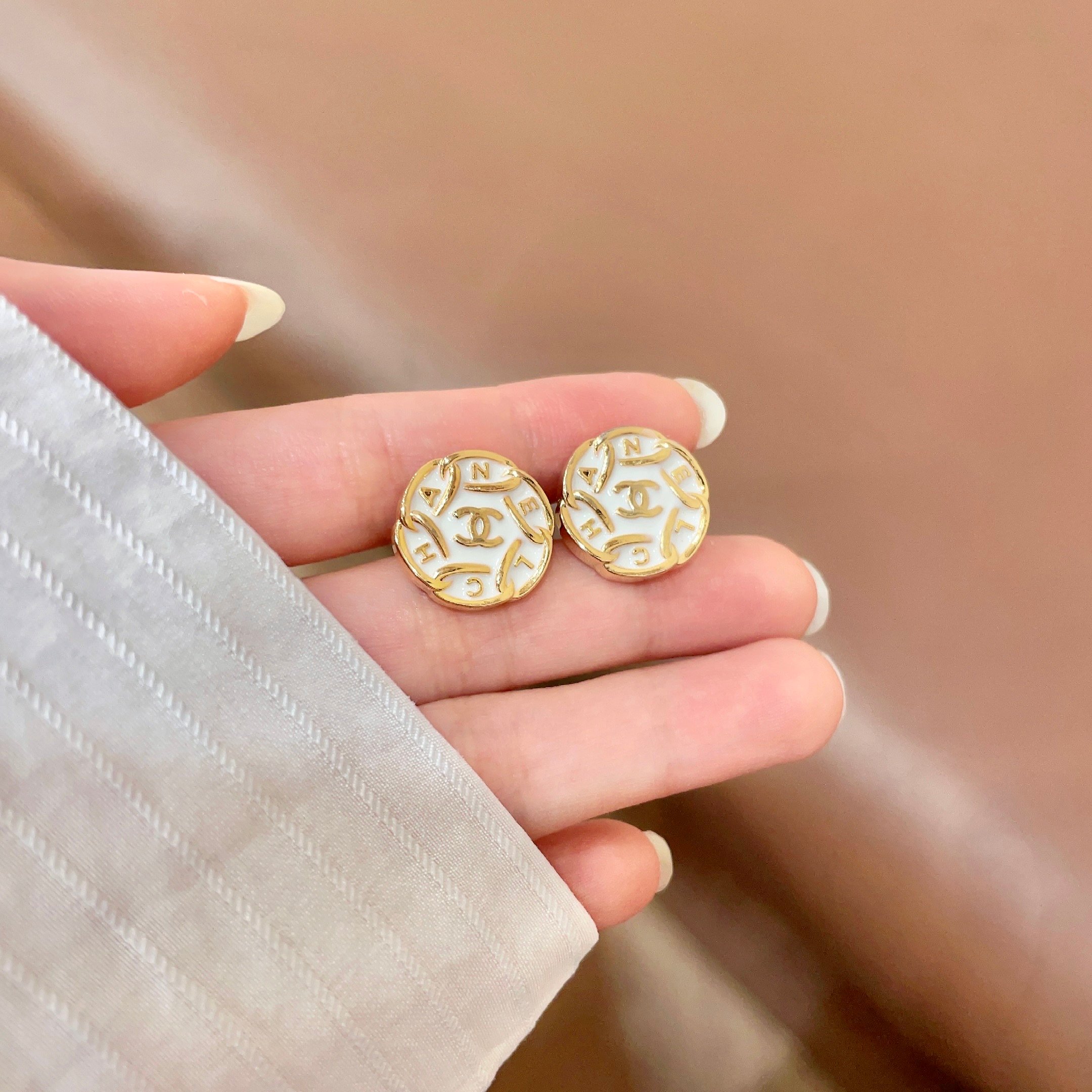 Chanel CC Logo Round Letter Stud Earrings earrings gold-tone metal with white enamel 1 5cm diameter