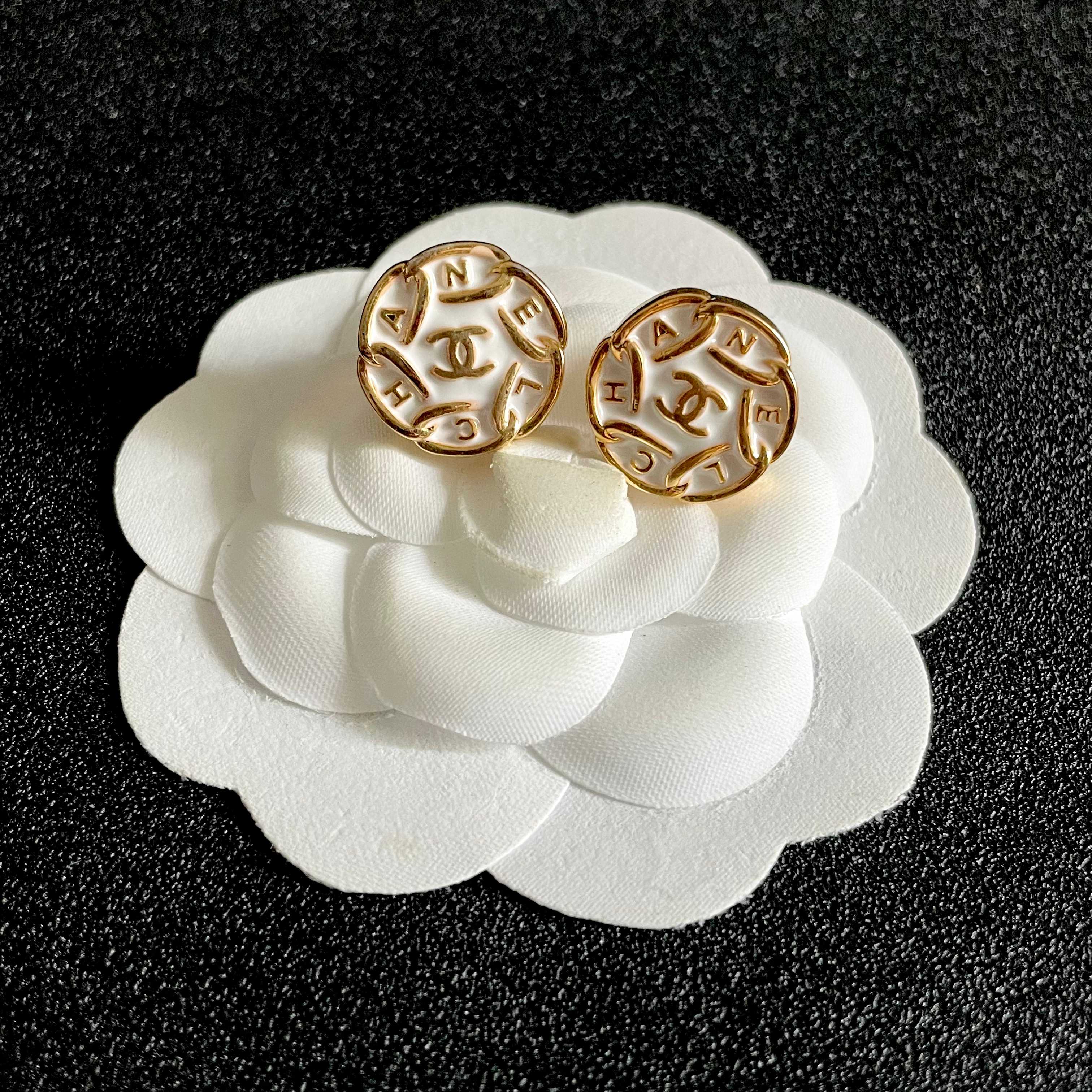 Chanel CC Logo Round Letter Stud Earrings earrings gold-tone metal with white enamel 1 5cm diameter