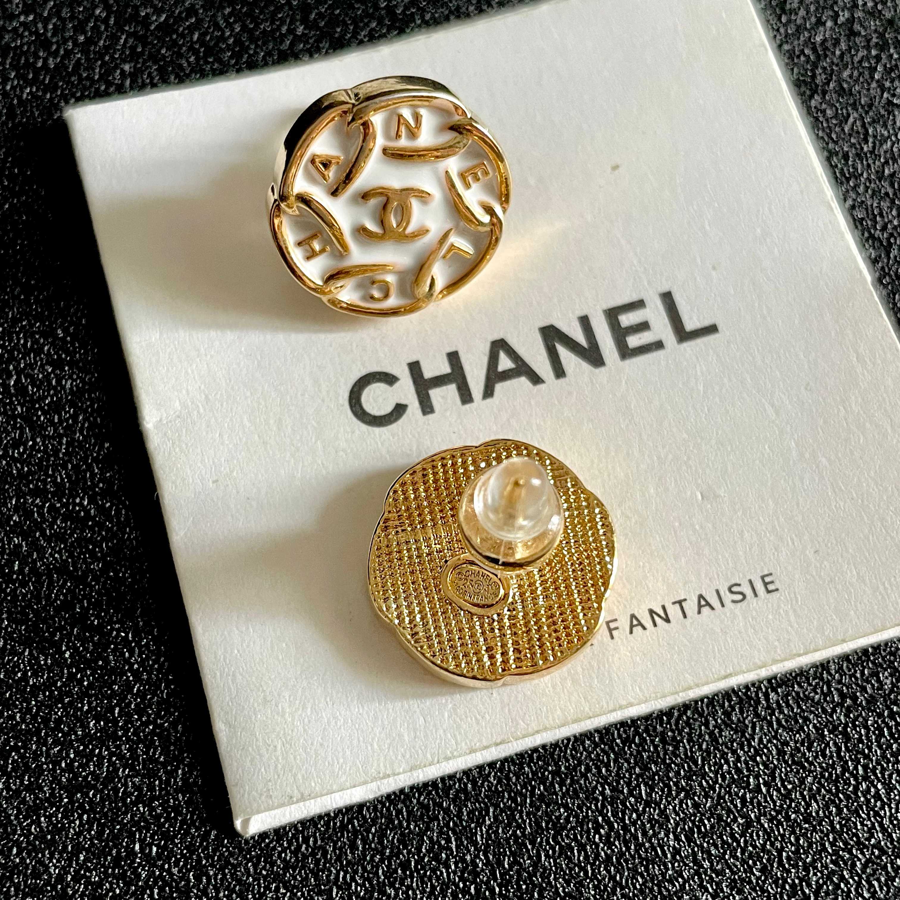 Chanel CC Logo Round Letter Stud Earrings earrings gold-tone metal with white enamel 1 5cm diameter