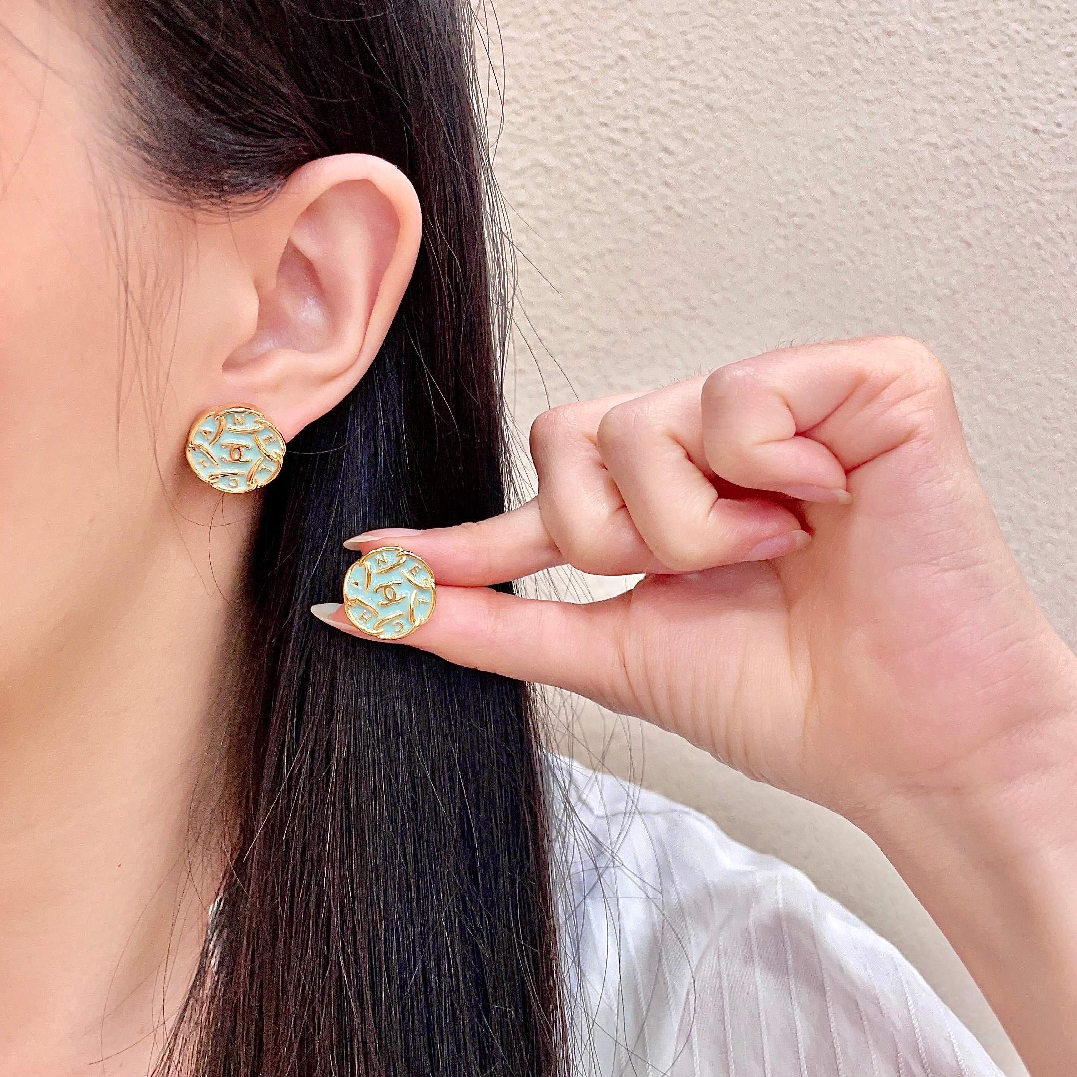 Chanel CC Logo Round Enamel Stud Earrings earrings Gold-tone metal with light mint blue enamel 1 5cm diameter