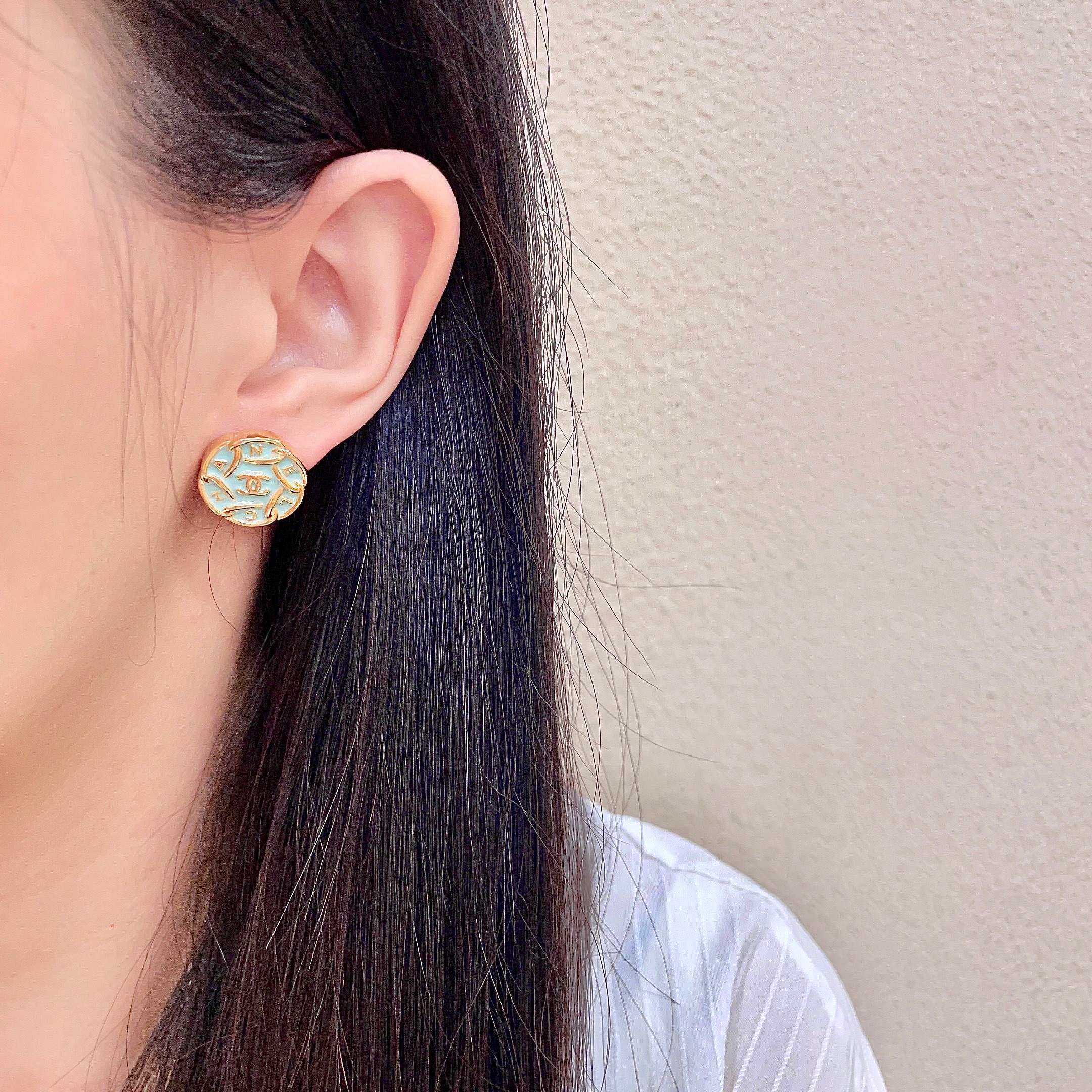 Chanel CC Logo Round Enamel Stud Earrings earrings Gold-tone metal with light mint blue enamel 1 5cm diameter