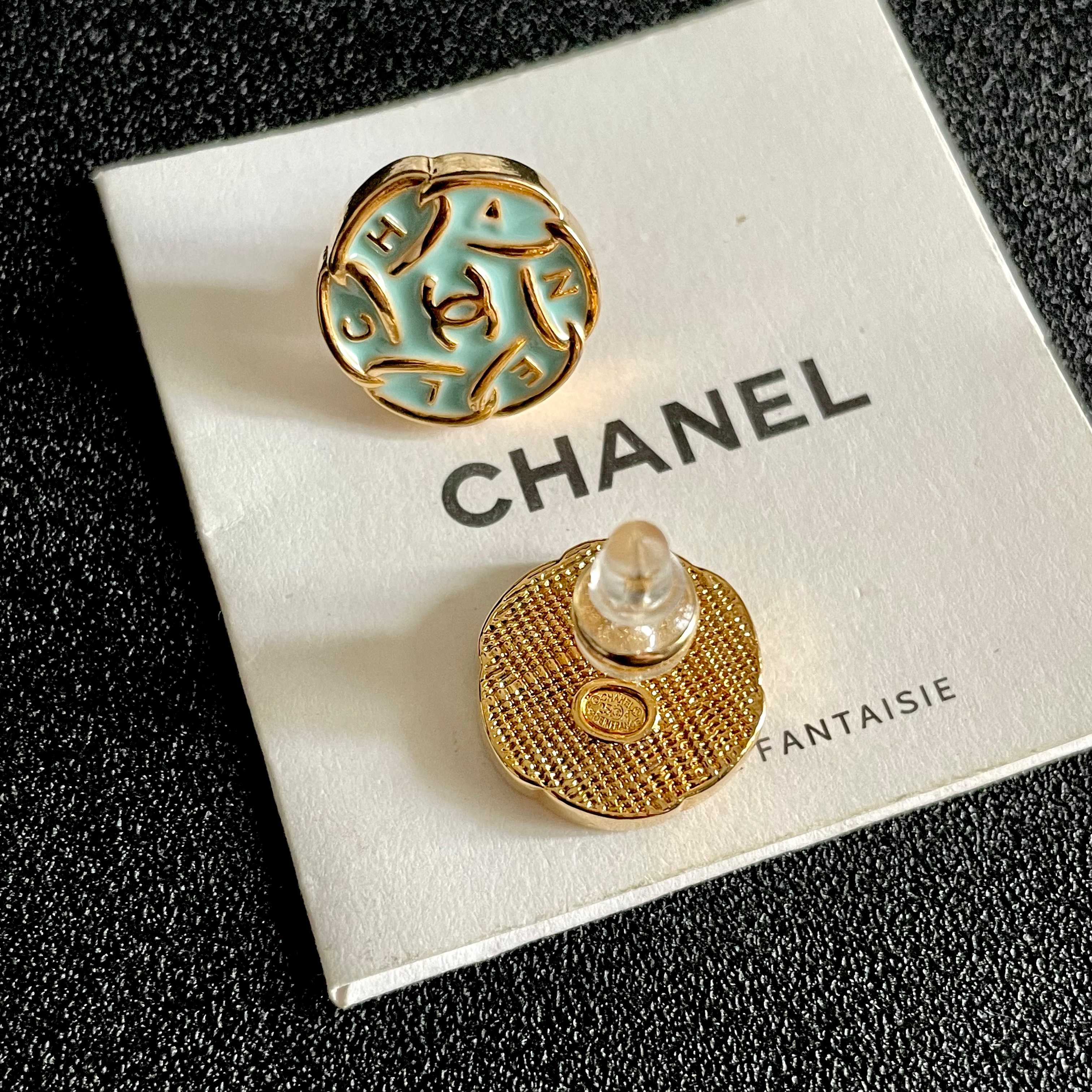 Chanel CC Logo Round Enamel Stud Earrings earrings Gold-tone metal with light mint blue enamel 1 5cm diameter