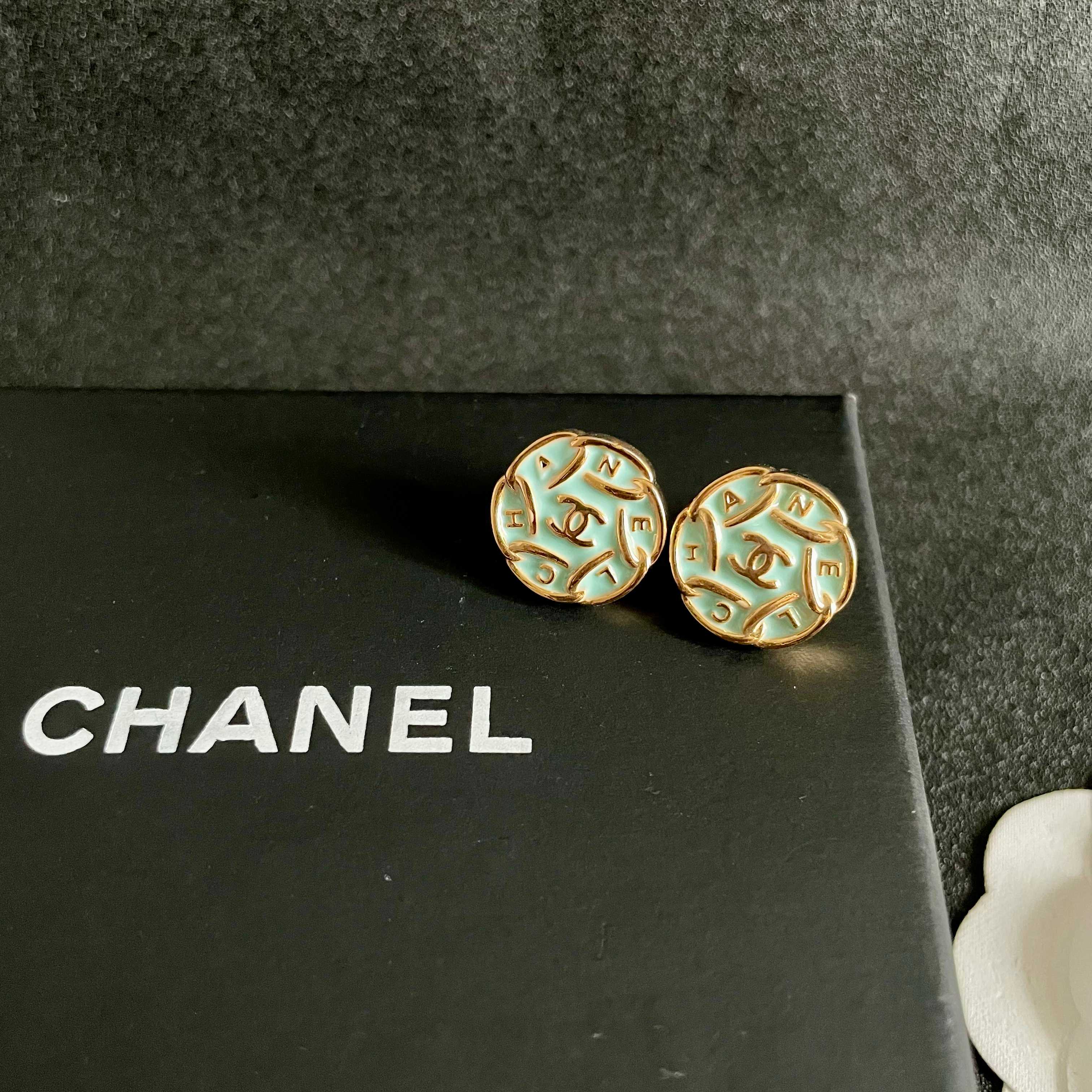 Chanel CC Logo Round Enamel Stud Earrings earrings Gold-tone metal with light mint blue enamel 1 5cm diameter