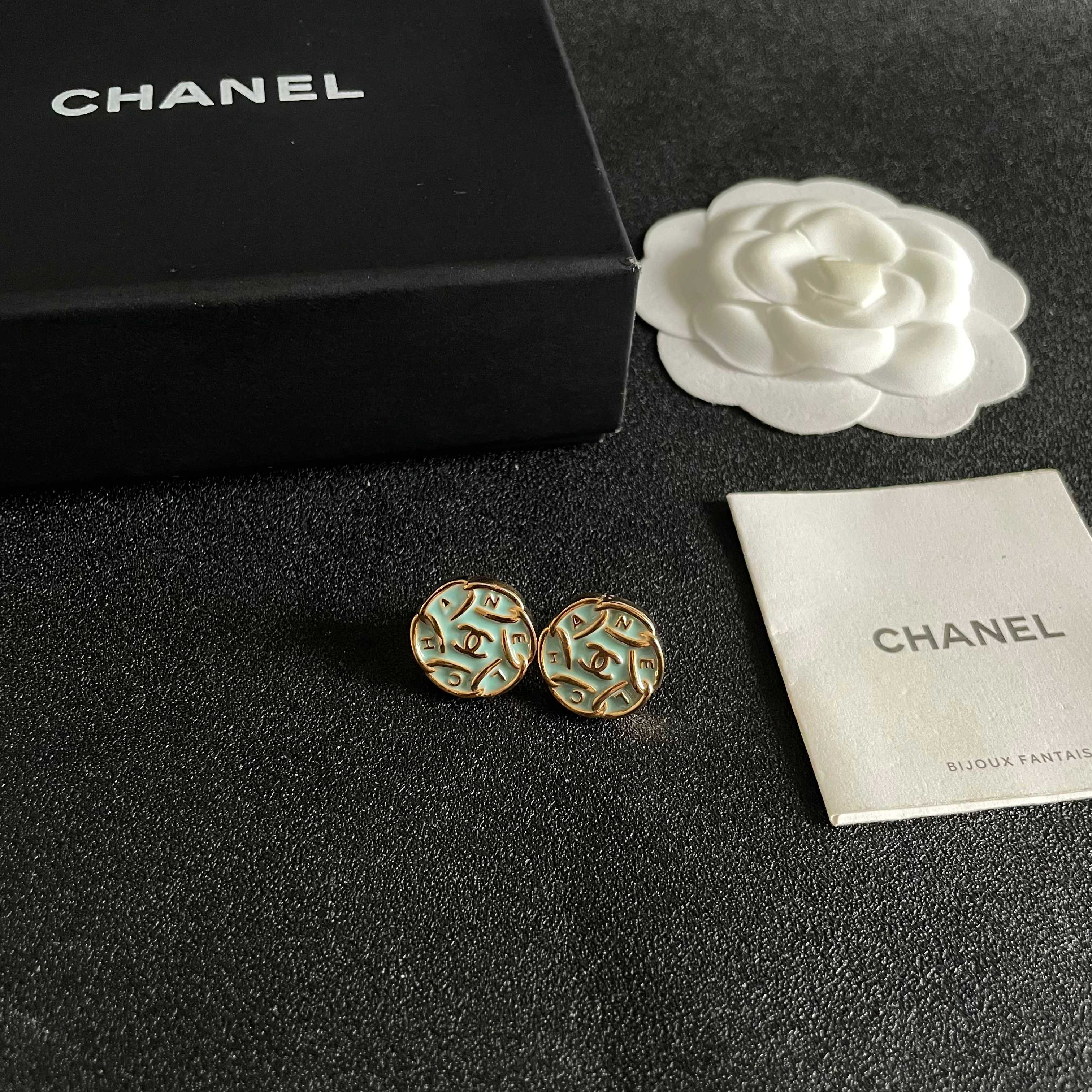 Chanel CC Logo Round Enamel Stud Earrings earrings Gold-tone metal with light mint blue enamel 1 5cm diameter
