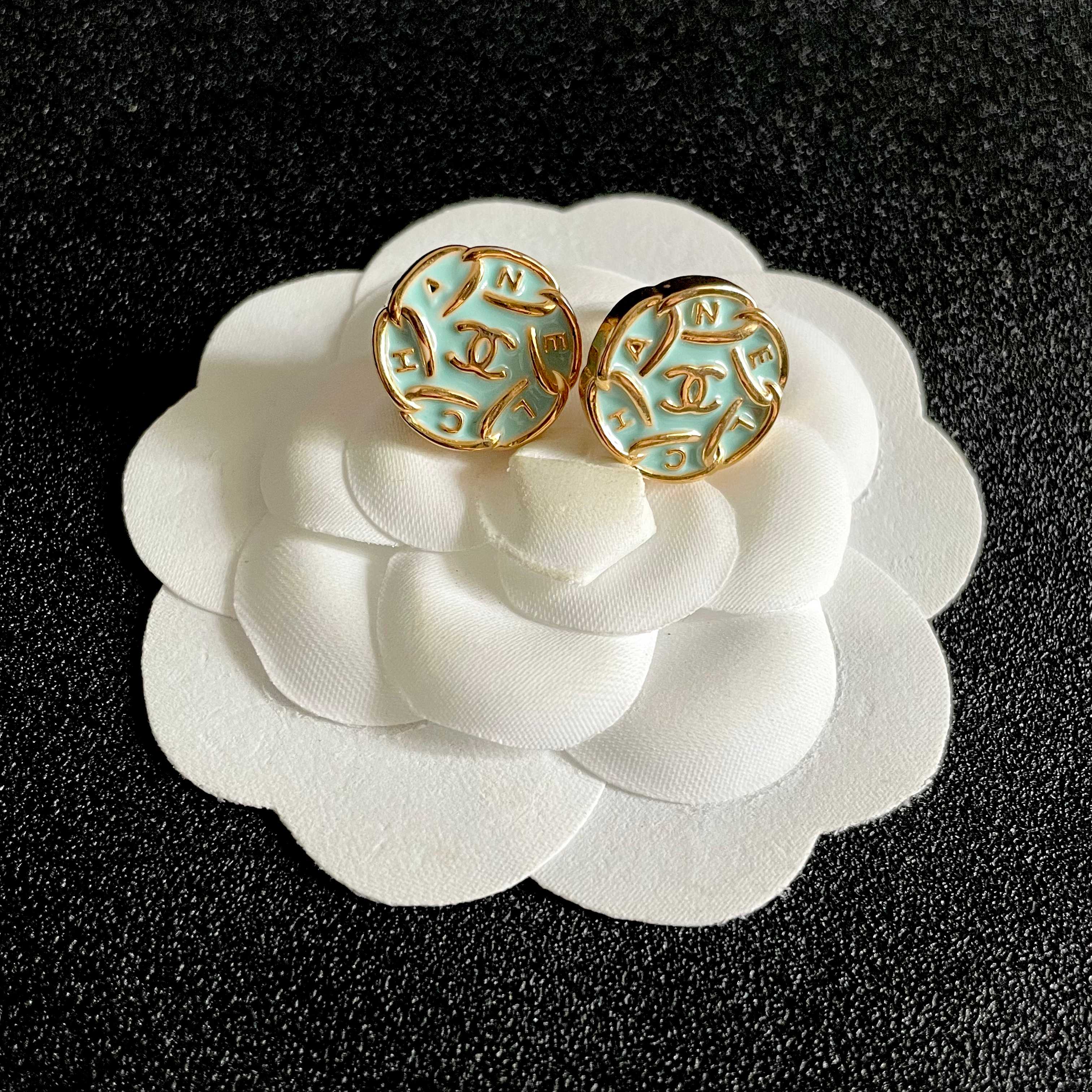 Chanel CC Logo Round Enamel Stud Earrings earrings Gold-tone metal with light mint blue enamel 1 5cm diameter