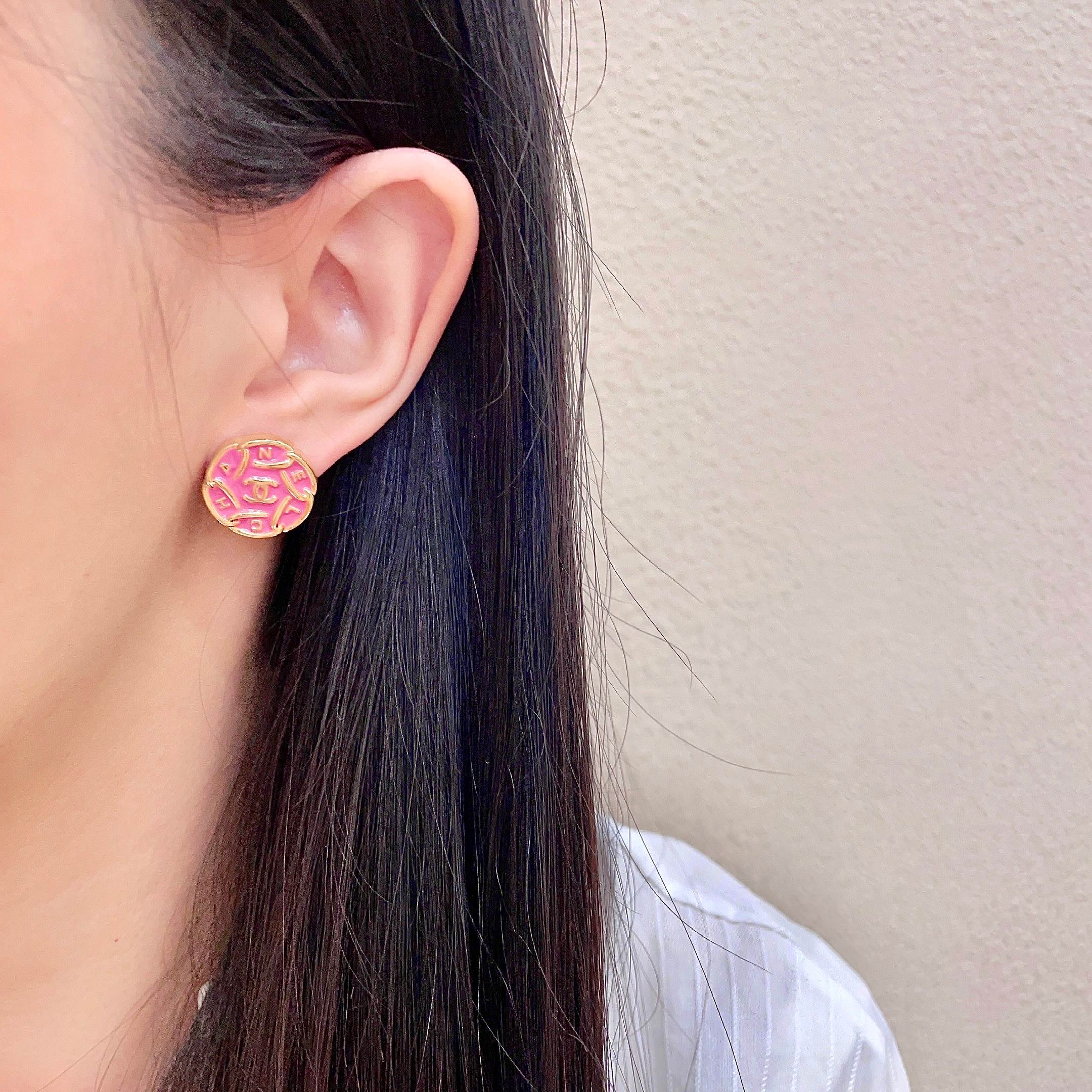 Chanel CC Logo Round Enamel Stud Earrings earrings gold-tone metal with bright pink enamel 1 2cm diameter