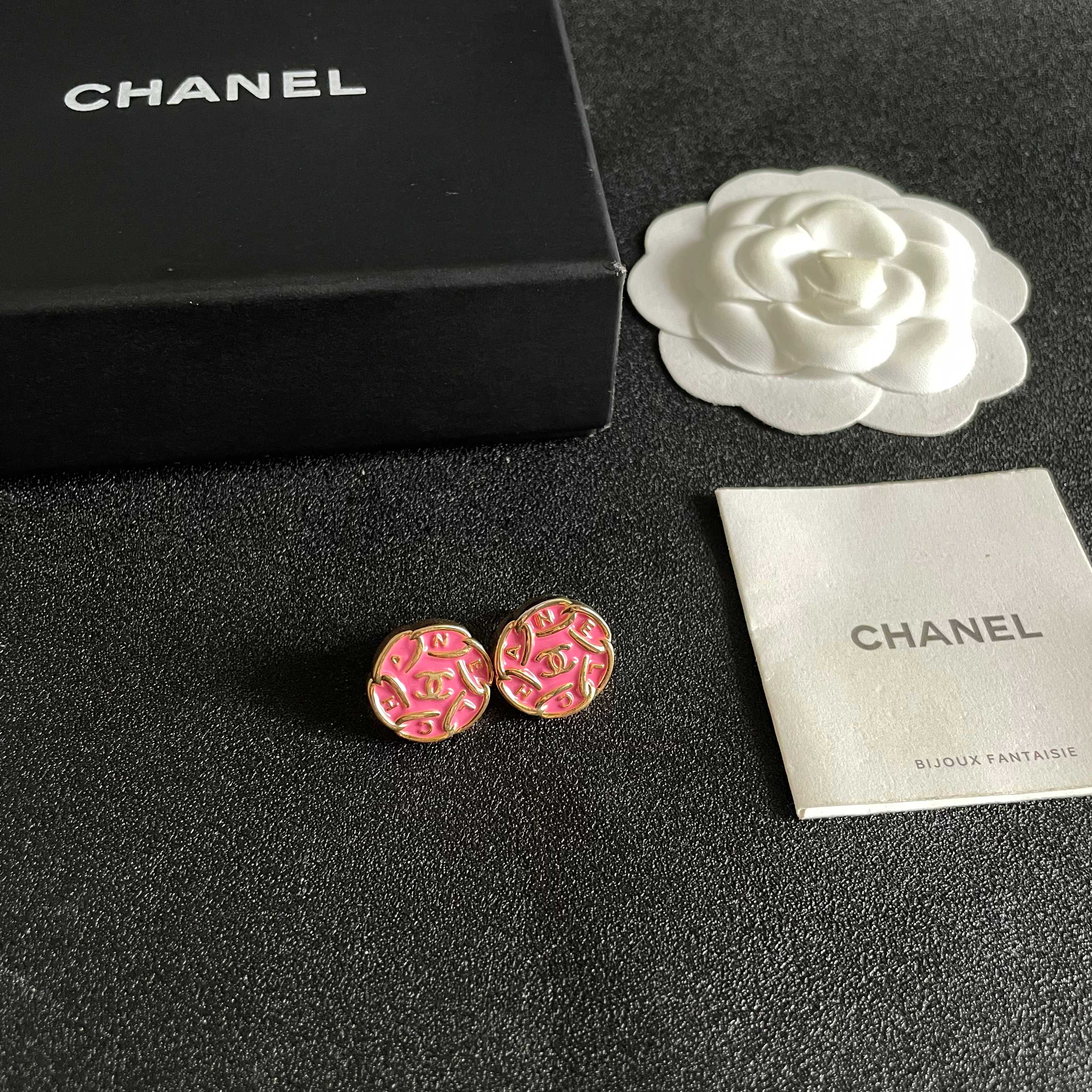 Chanel CC Logo Round Enamel Stud Earrings earrings gold-tone metal with bright pink enamel 1 2cm diameter