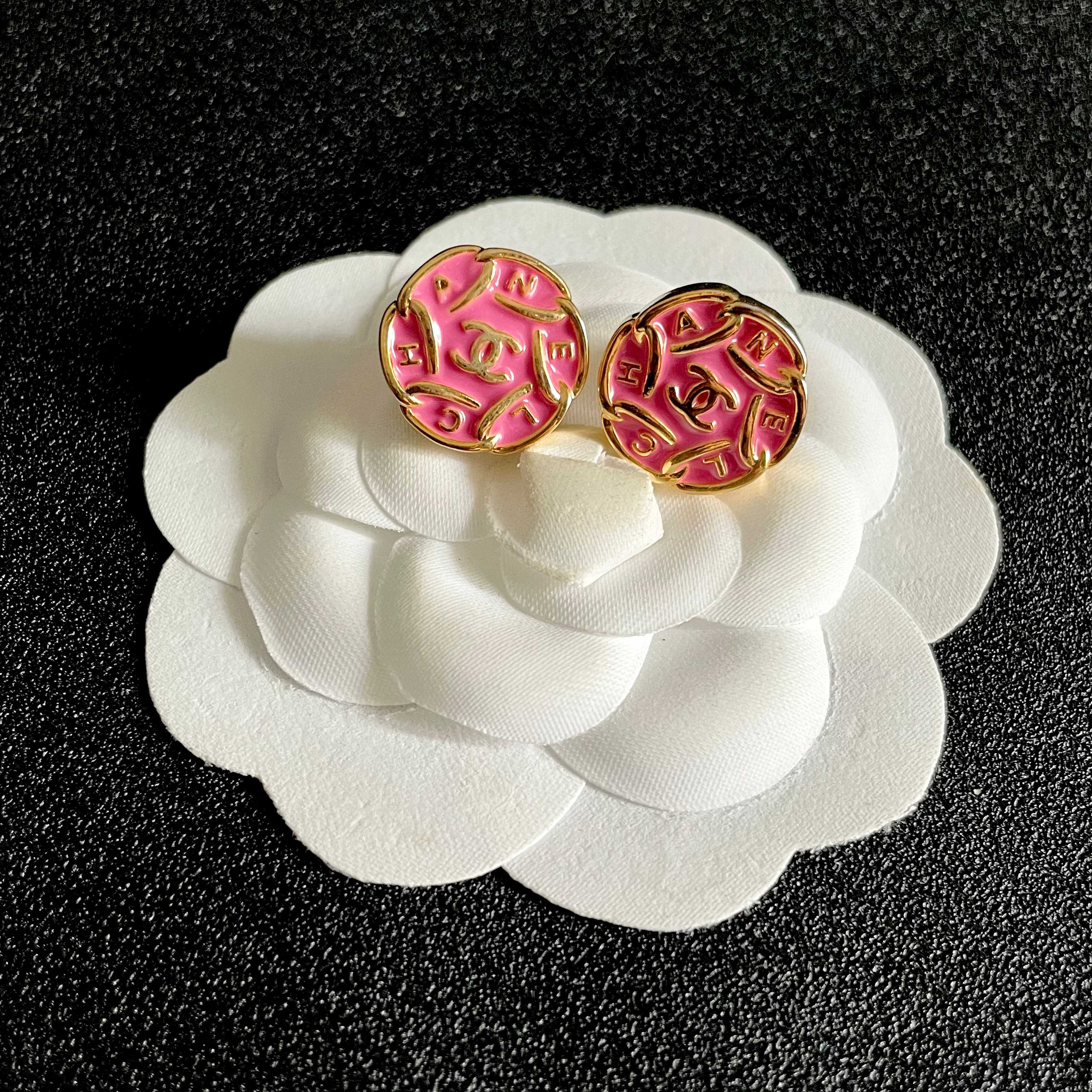 Chanel CC Logo Round Enamel Stud Earrings earrings gold-tone metal with bright pink enamel 1 2cm diameter
