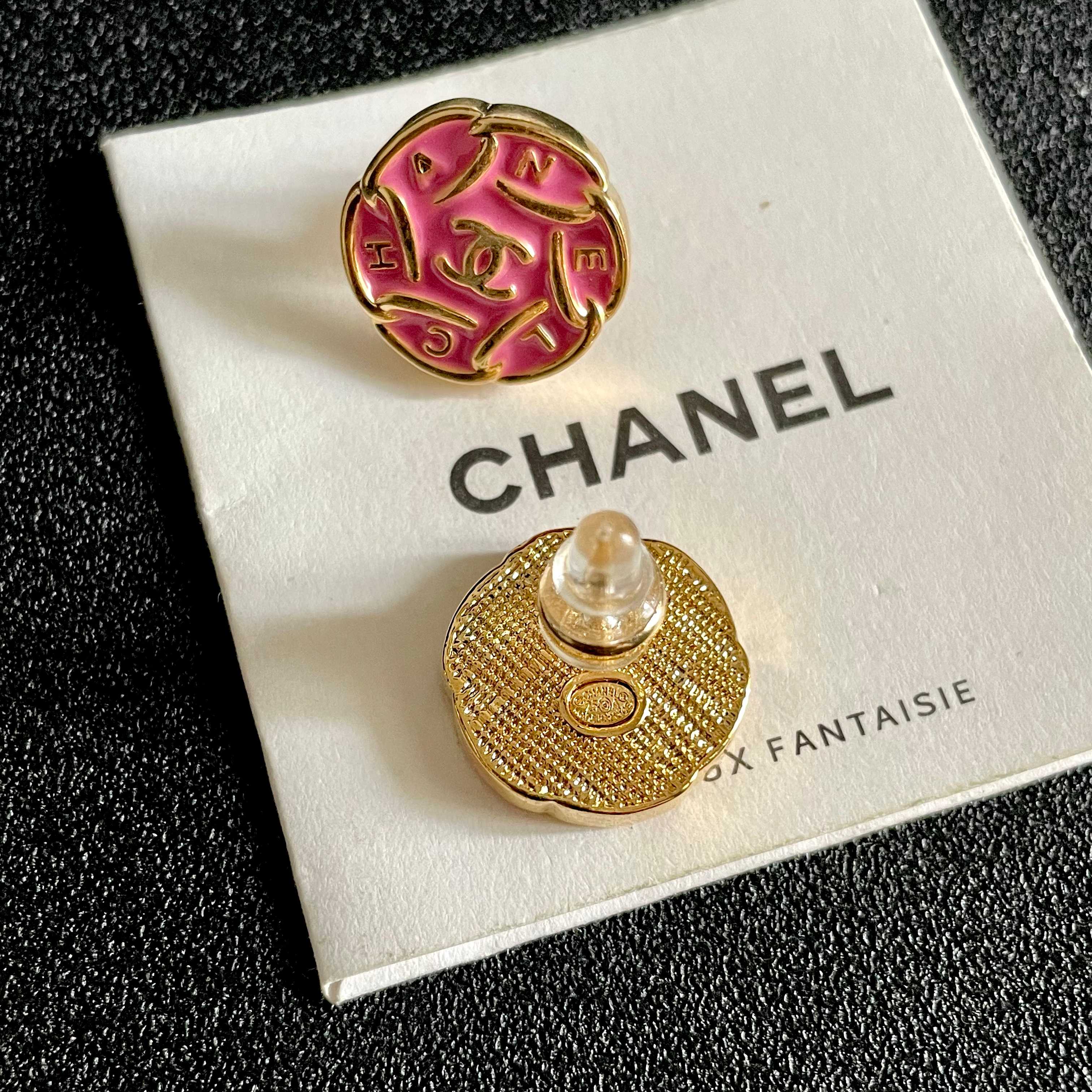 Chanel CC Logo Round Enamel Stud Earrings earrings gold-tone metal with bright pink enamel 1 2cm diameter