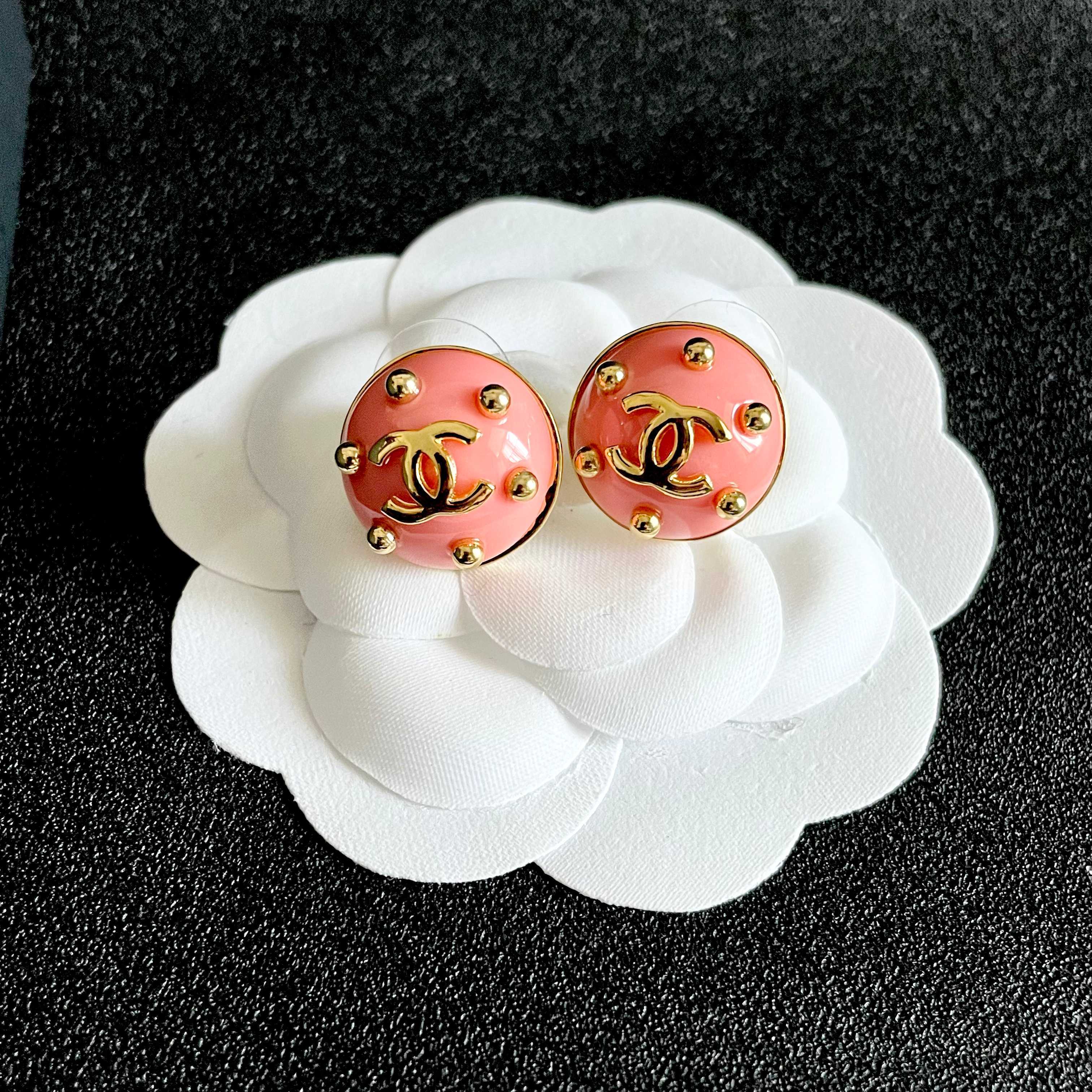 Chanel CC Logo Stud Earrings earrings Gold-tone metal with coral pink enamel 1 5cm diameter