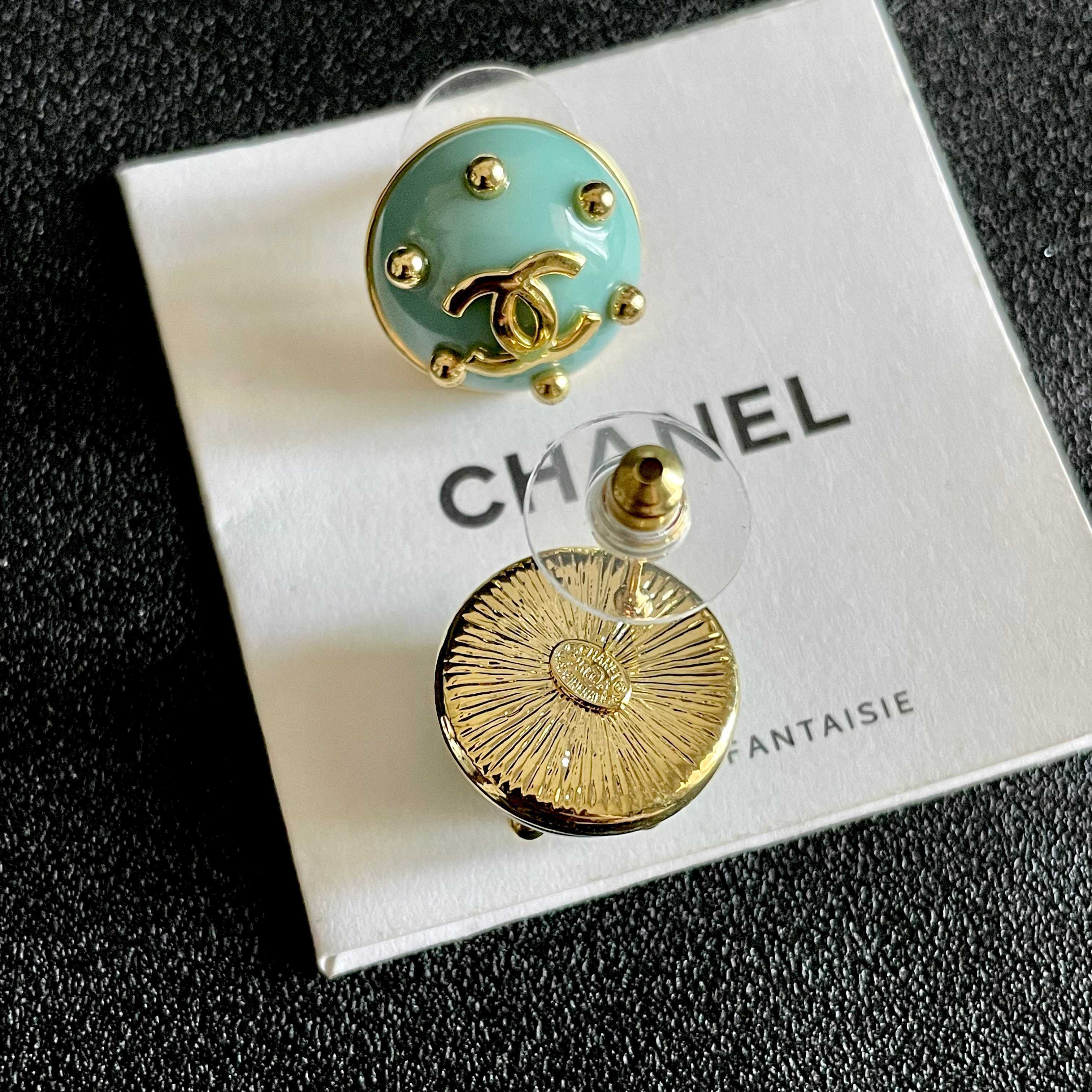 Chanel CC Logo Stud Earrings earrings Gold-tone metal with light turquoise enamel 1 5cm diameter