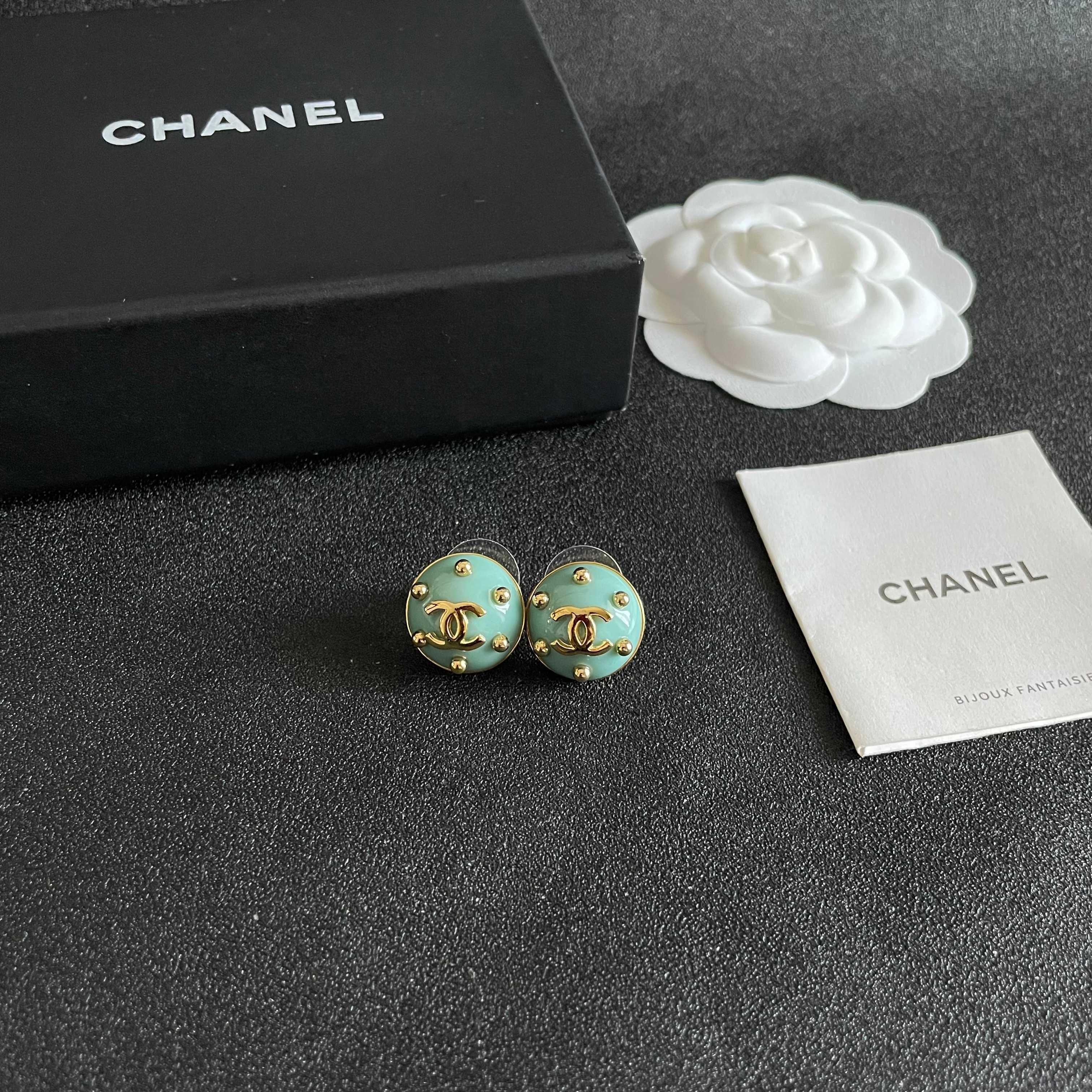 Chanel CC Logo Stud Earrings earrings Gold-tone metal with light turquoise enamel 1 5cm diameter