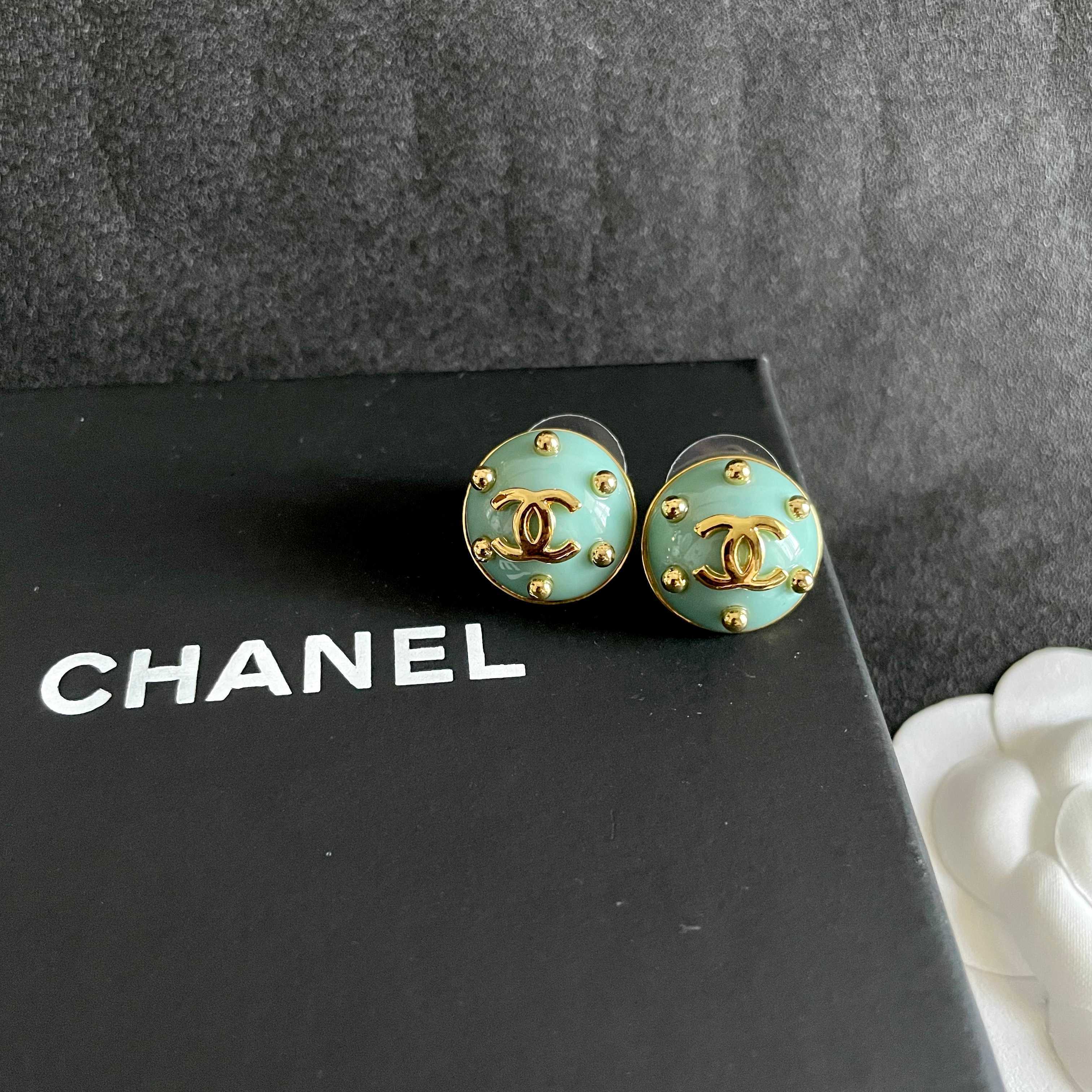 Chanel CC Logo Stud Earrings earrings Gold-tone metal with light turquoise enamel 1 5cm diameter