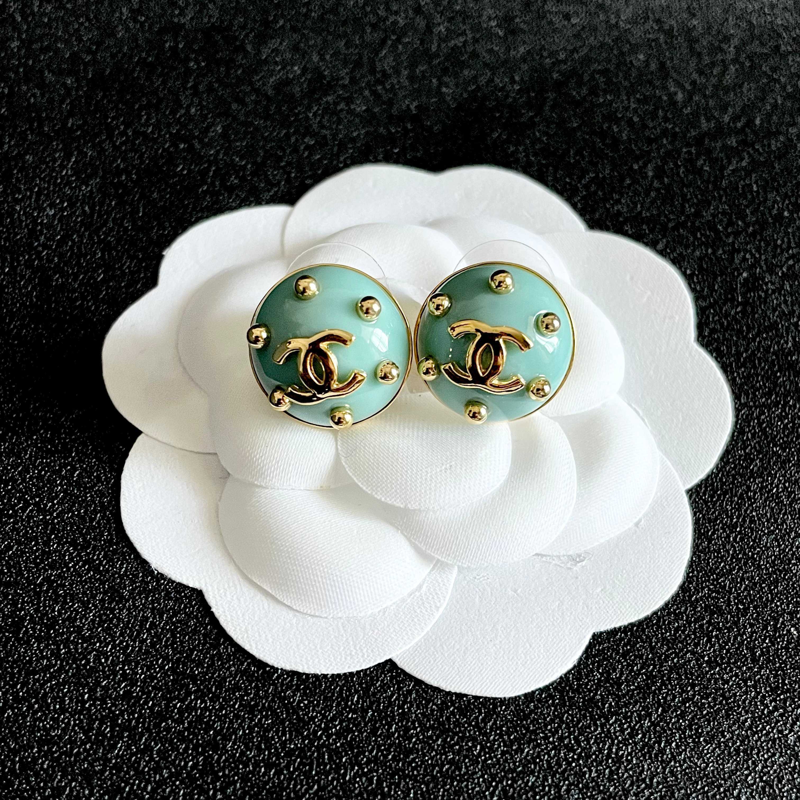 Chanel CC Logo Stud Earrings earrings Gold-tone metal with light turquoise enamel 1 5cm diameter