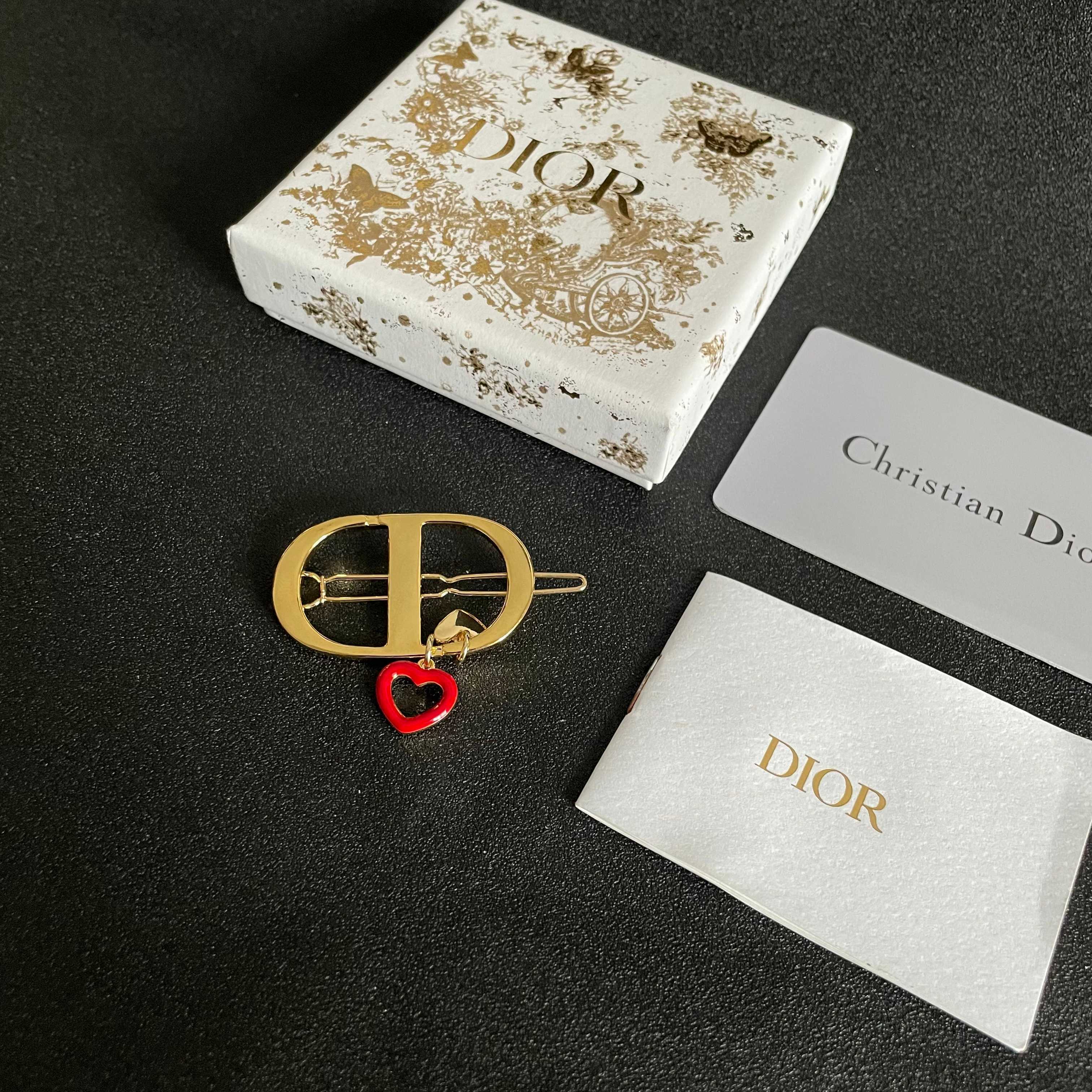 Dior CD Logo Heart Charm Hair Clip brooch gold-tone metal with red enamel heart charm 3 5cm