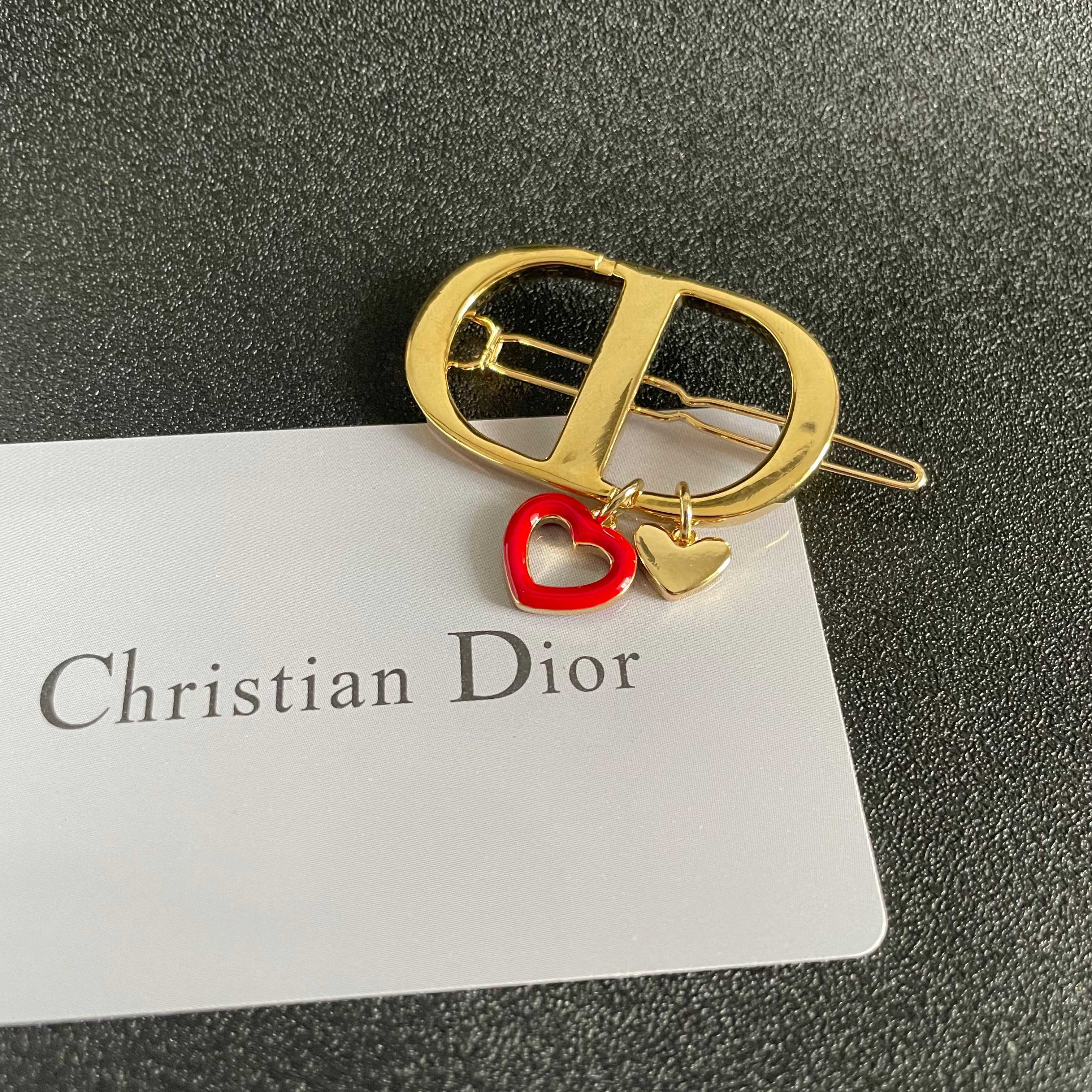 Dior CD Logo Heart Charm Hair Clip brooch gold-tone metal with red enamel heart charm 3 5cm