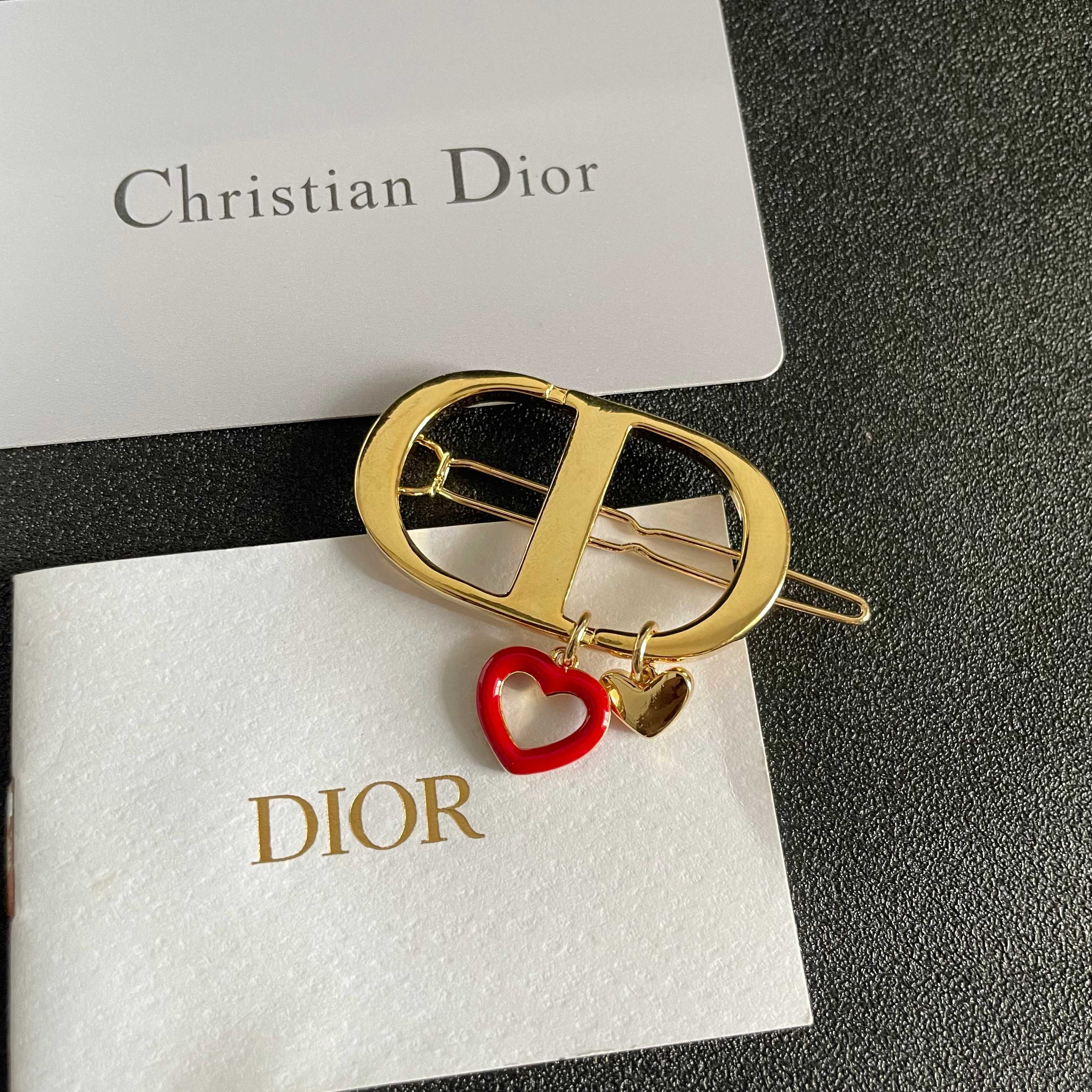 Dior CD Logo Heart Charm Hair Clip brooch gold-tone metal with red enamel heart charm 3 5cm