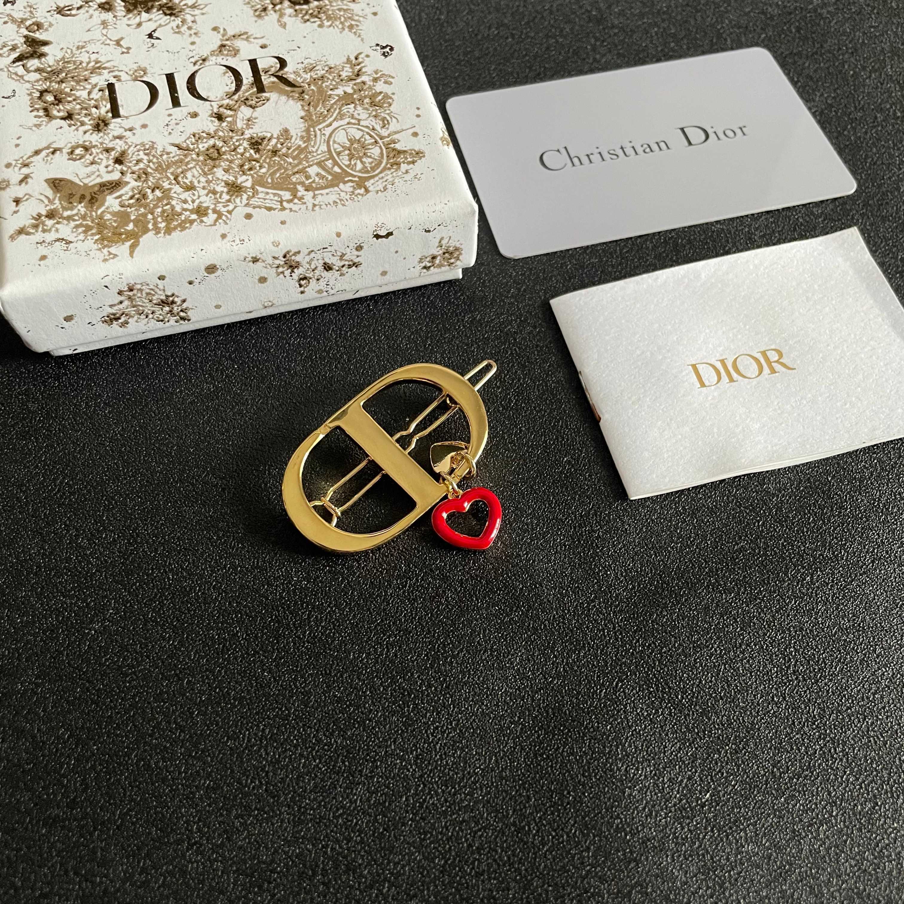 Dior CD Logo Heart Charm Hair Clip brooch gold-tone metal with red enamel heart charm 3 5cm