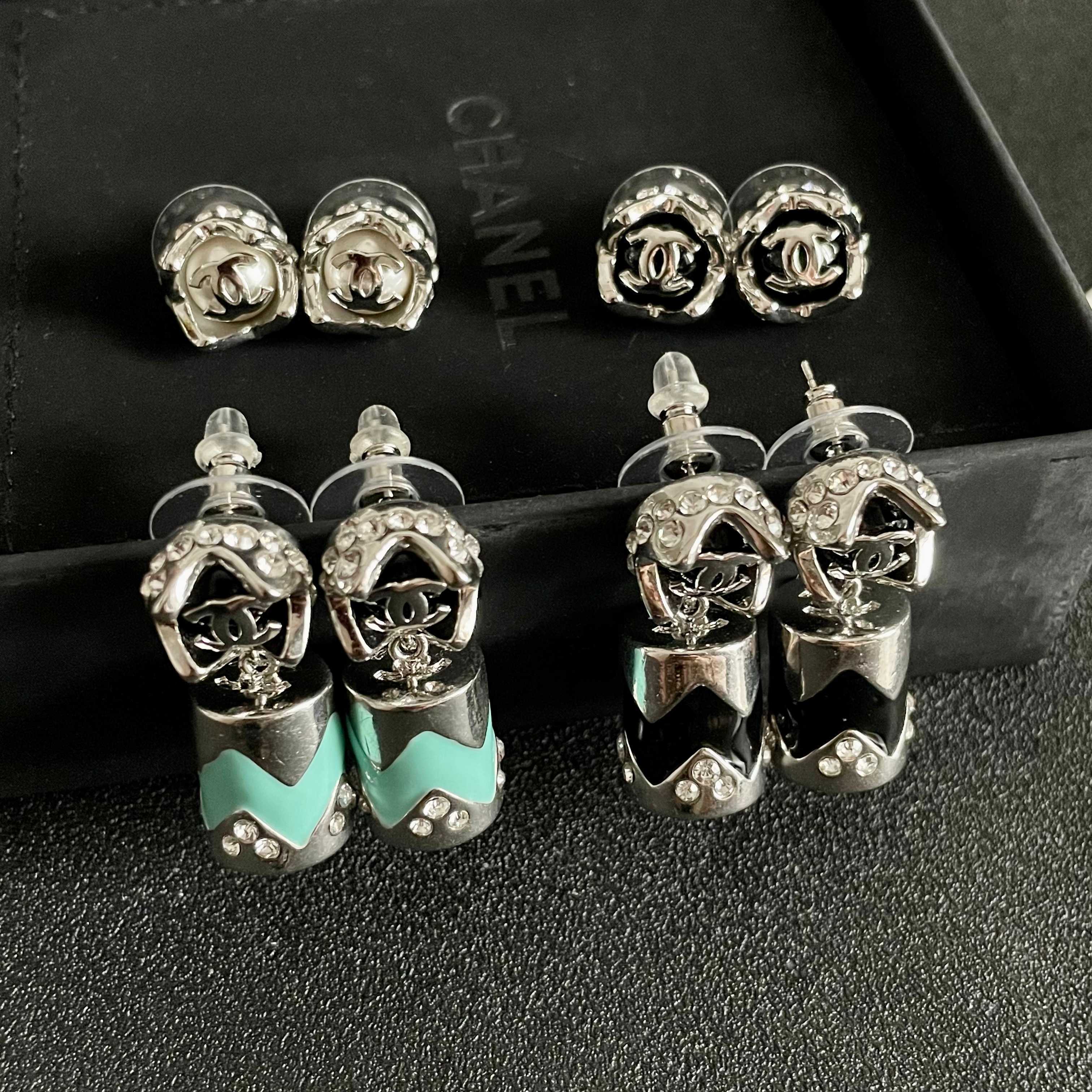 Chanel CC Logo Chevron Drop Earrings earrings Silver-tone metal with black enamel and clear crystal accents 2 5cm drop length