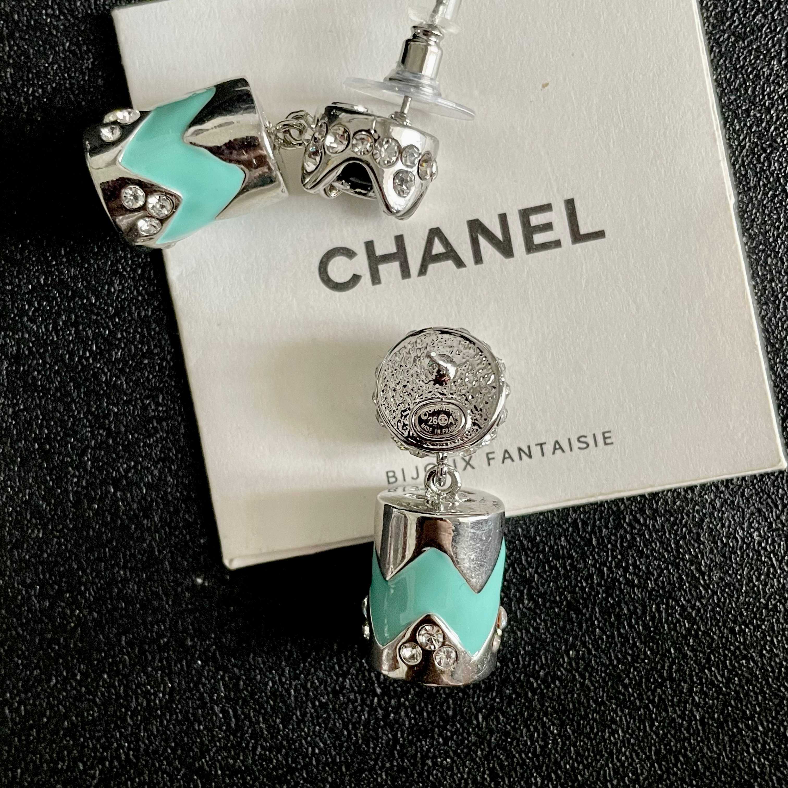 Chanel CC Logo Chevron Drop Earrings earrings Silver-tone metal with black enamel turquoise enamel and clear crystal accents 2 5cm drop length