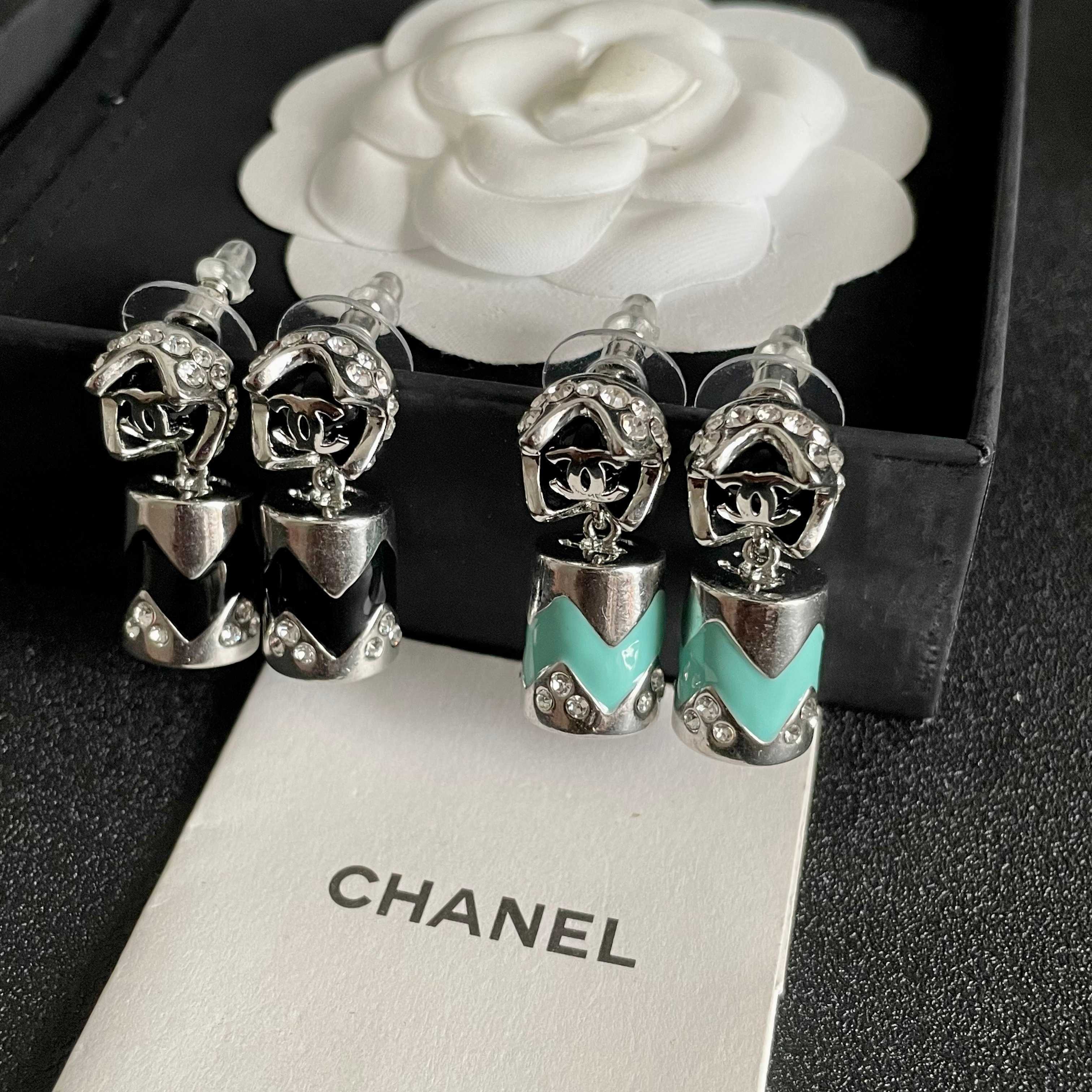 Chanel CC Logo Chevron Drop Earrings earrings Silver-tone metal with black enamel and clear crystal accents 2 5cm drop length