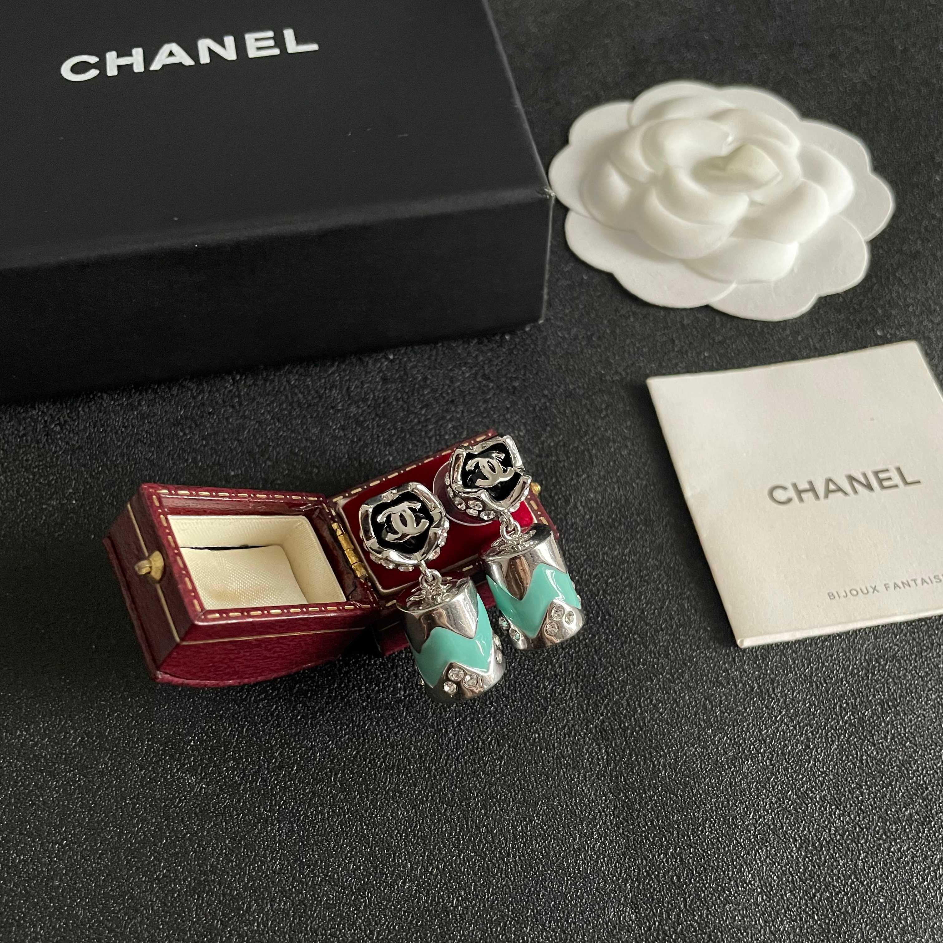 Chanel CC Logo Chevron Drop Earrings earrings Silver-tone metal with black enamel turquoise enamel and clear crystal accents 2 5cm drop length