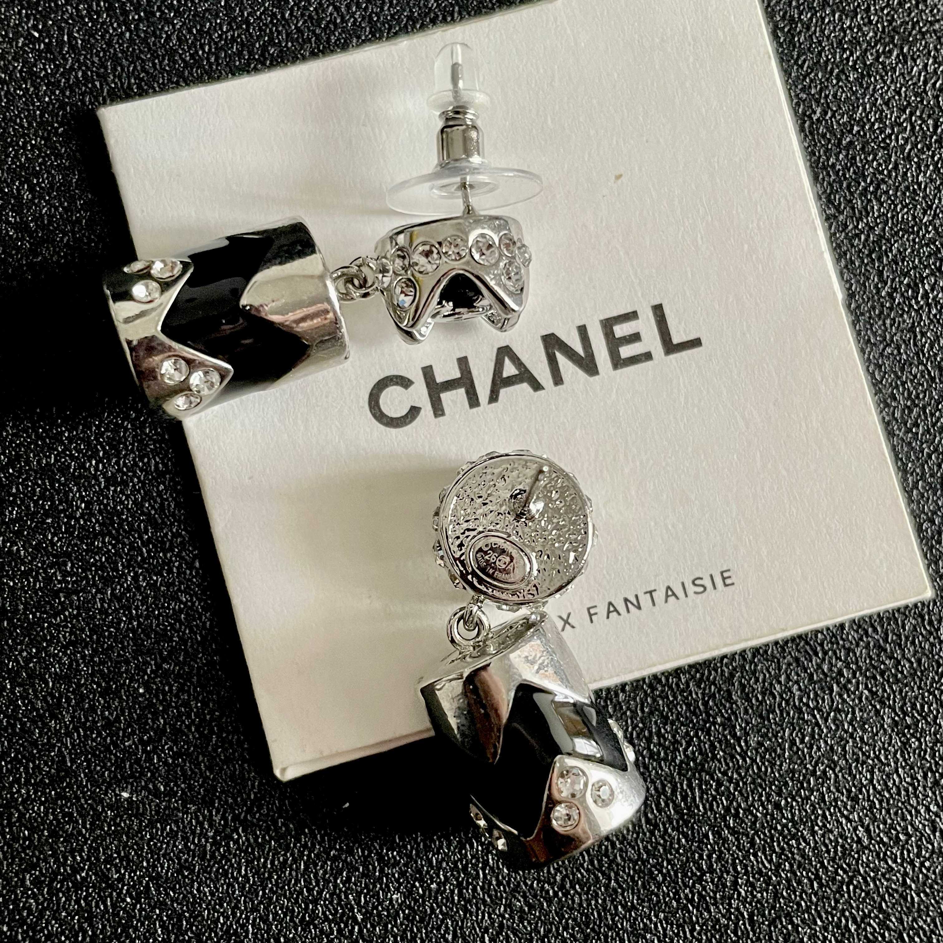 Chanel CC Logo Chevron Drop Earrings earrings Silver-tone metal with black enamel and clear crystal accents 2 5cm drop length