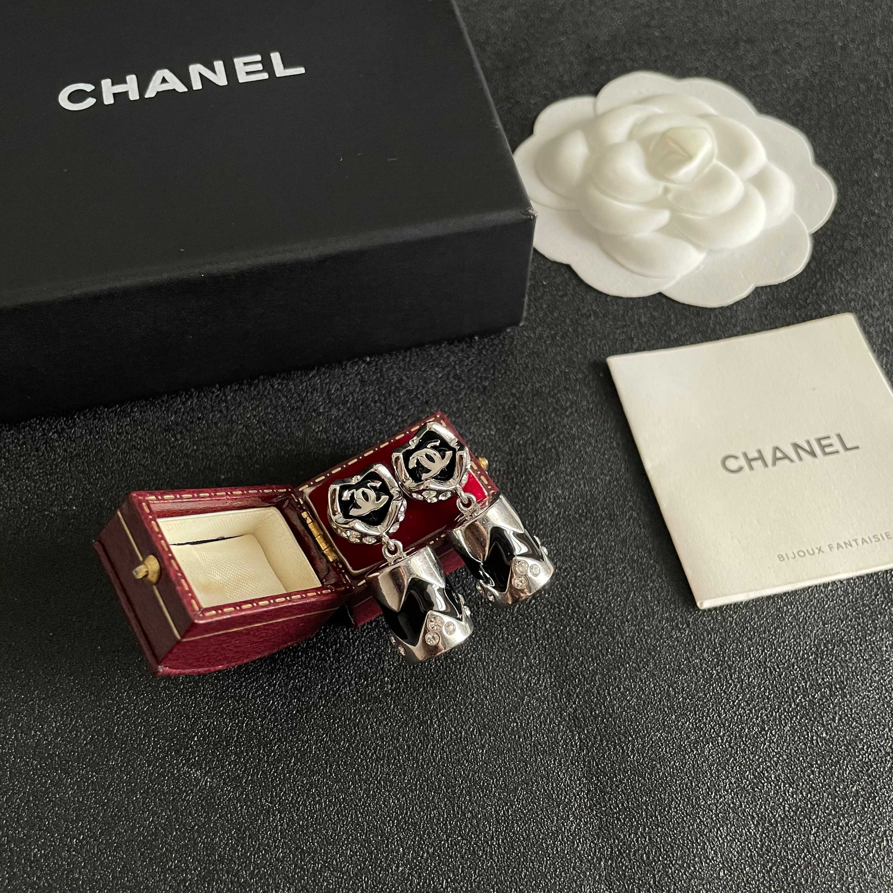 Chanel CC Logo Chevron Drop Earrings earrings Silver-tone metal with black enamel and clear crystal accents 2 5cm drop length