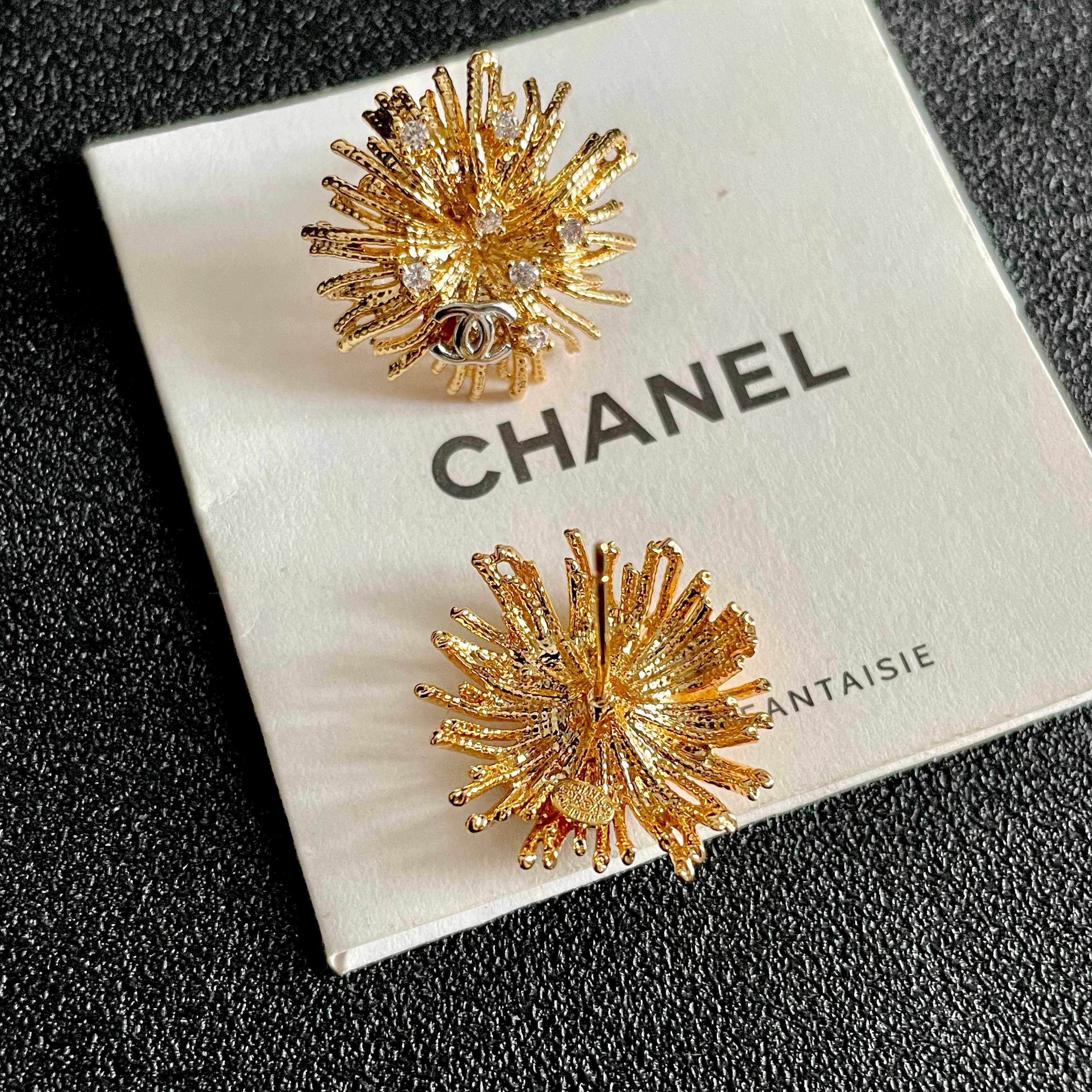 Chanel C Logo Sunburst Stud Earrings earrings gold tone metal with clear crystal accents 2cm diameter