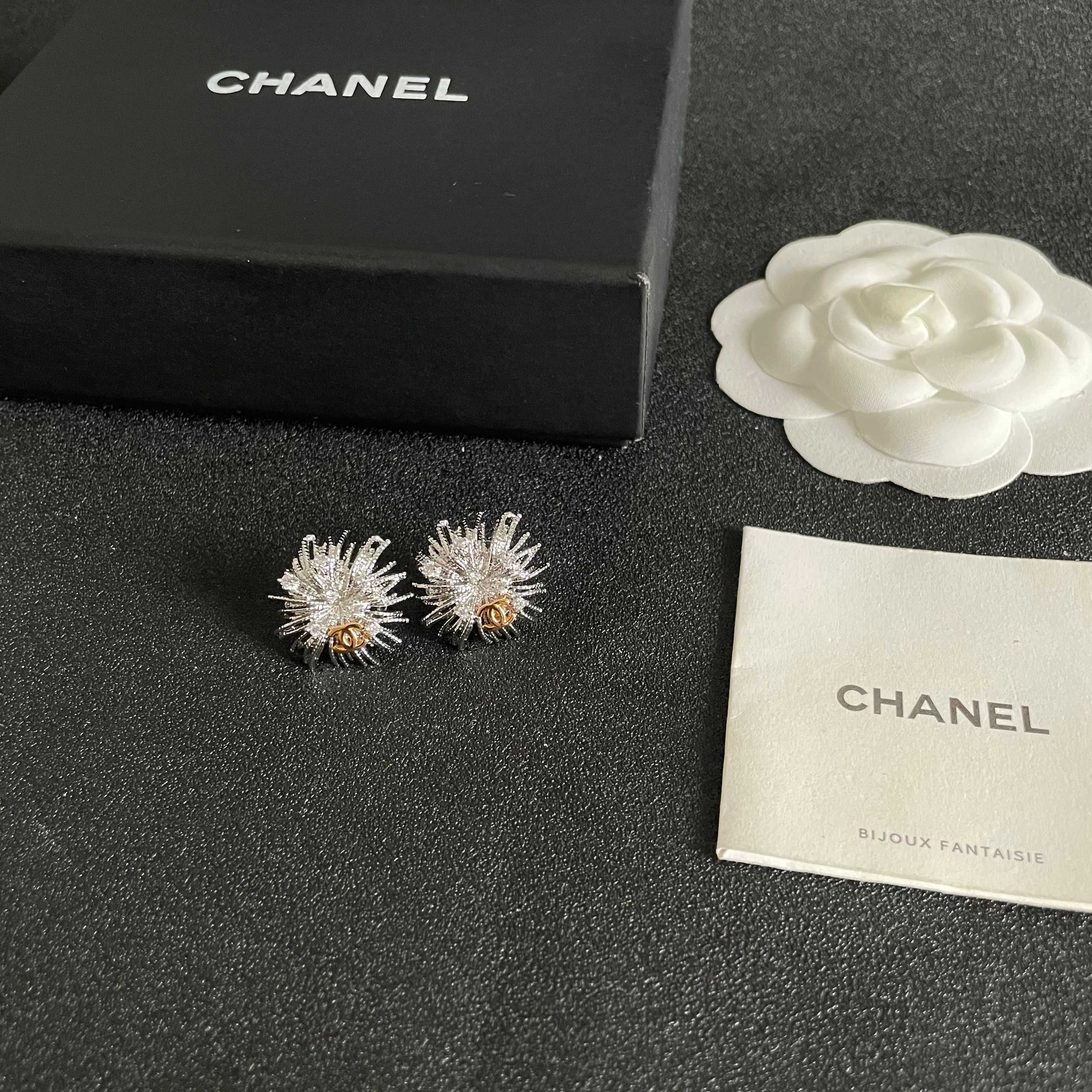 Chanel CC Sunburst Stud Earrings earrings silver-tone metal with clear crystal accents and gold-tone CC logo 1 5cm diameter