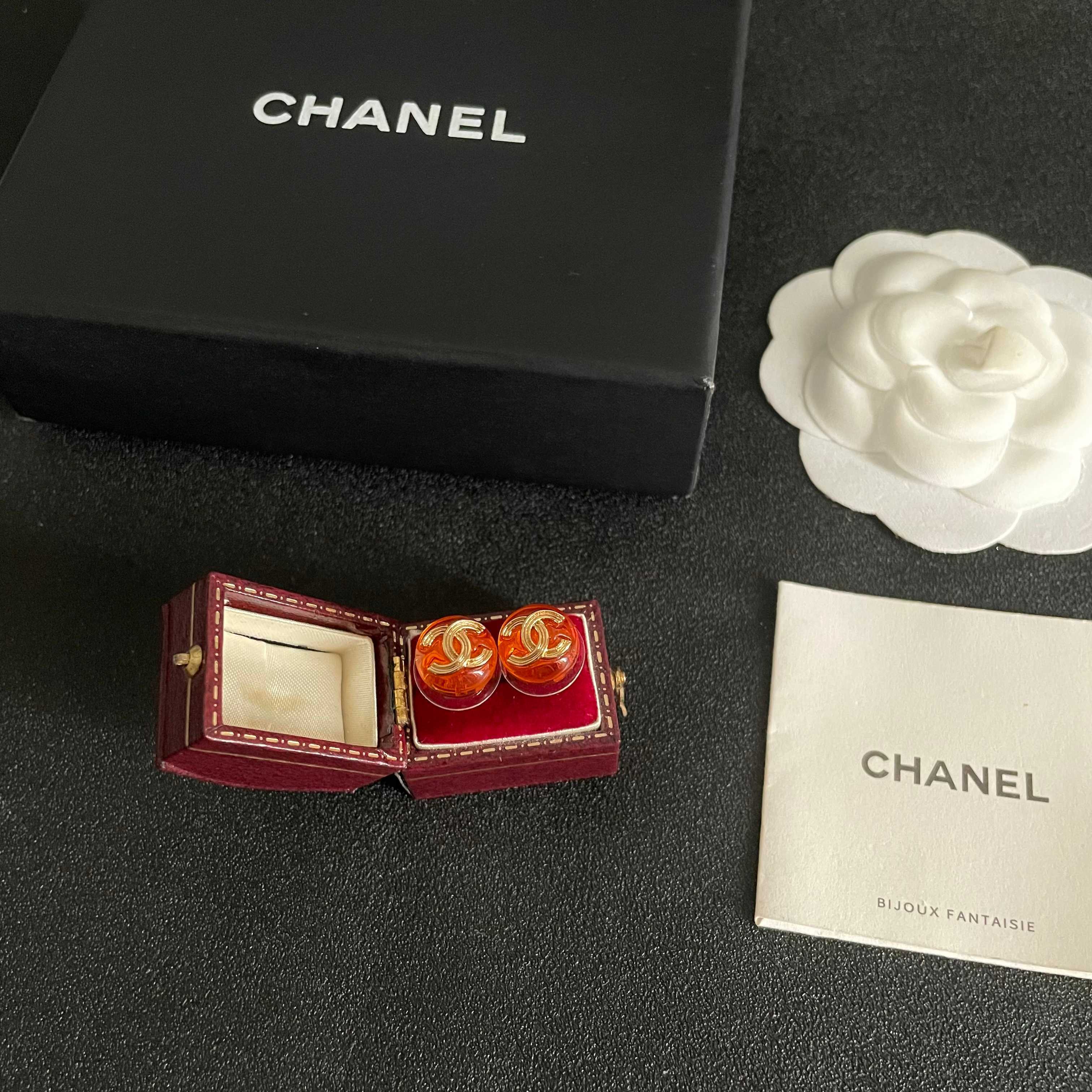 Chanel CC Logo Round Stud Earrings earrings gold-tone metal translucent orange resin 1 2cm diameter