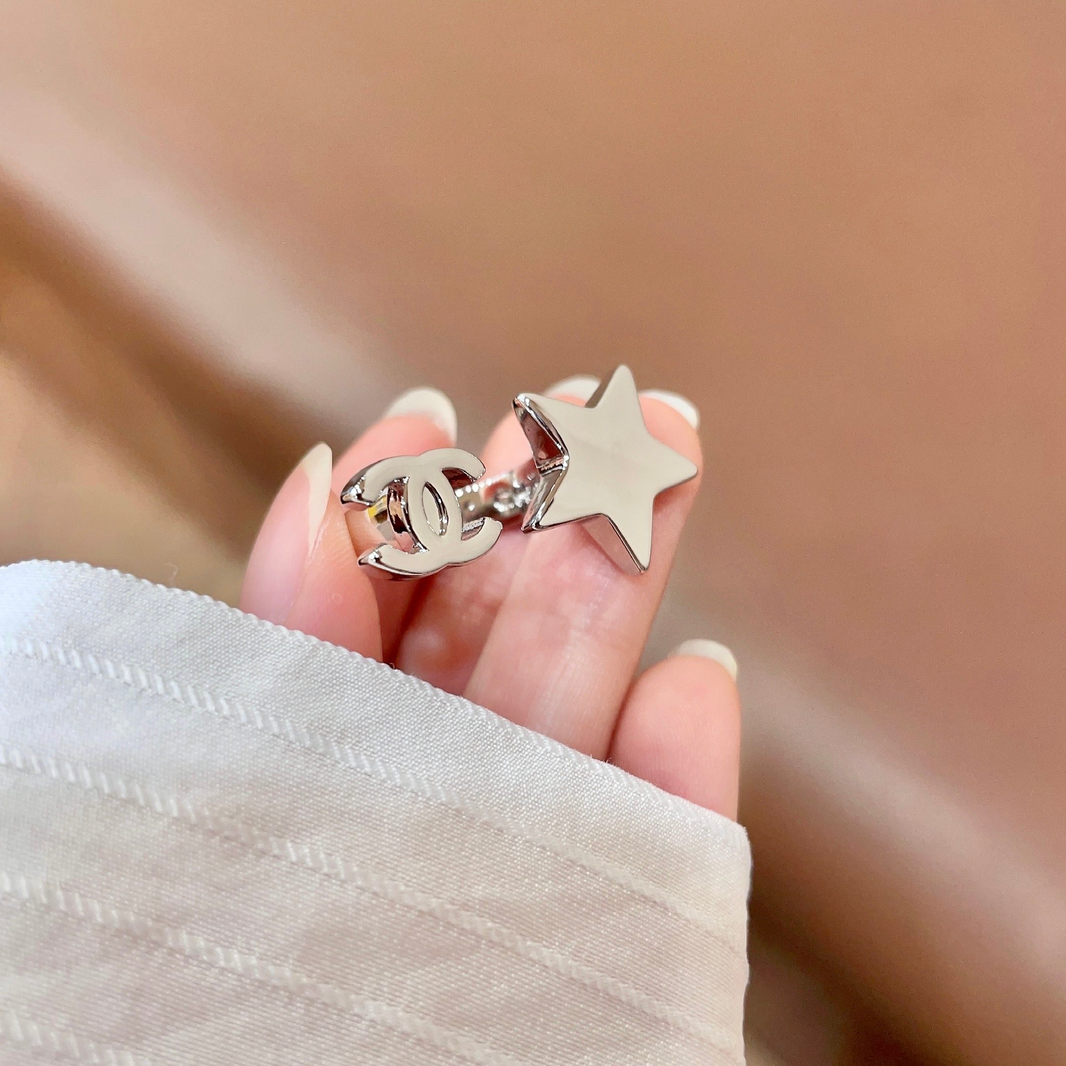 Chanel CC Logo Star Open Ring ring Silver-tone metal no gemstones Adjustable open band fits US sizes 6-8