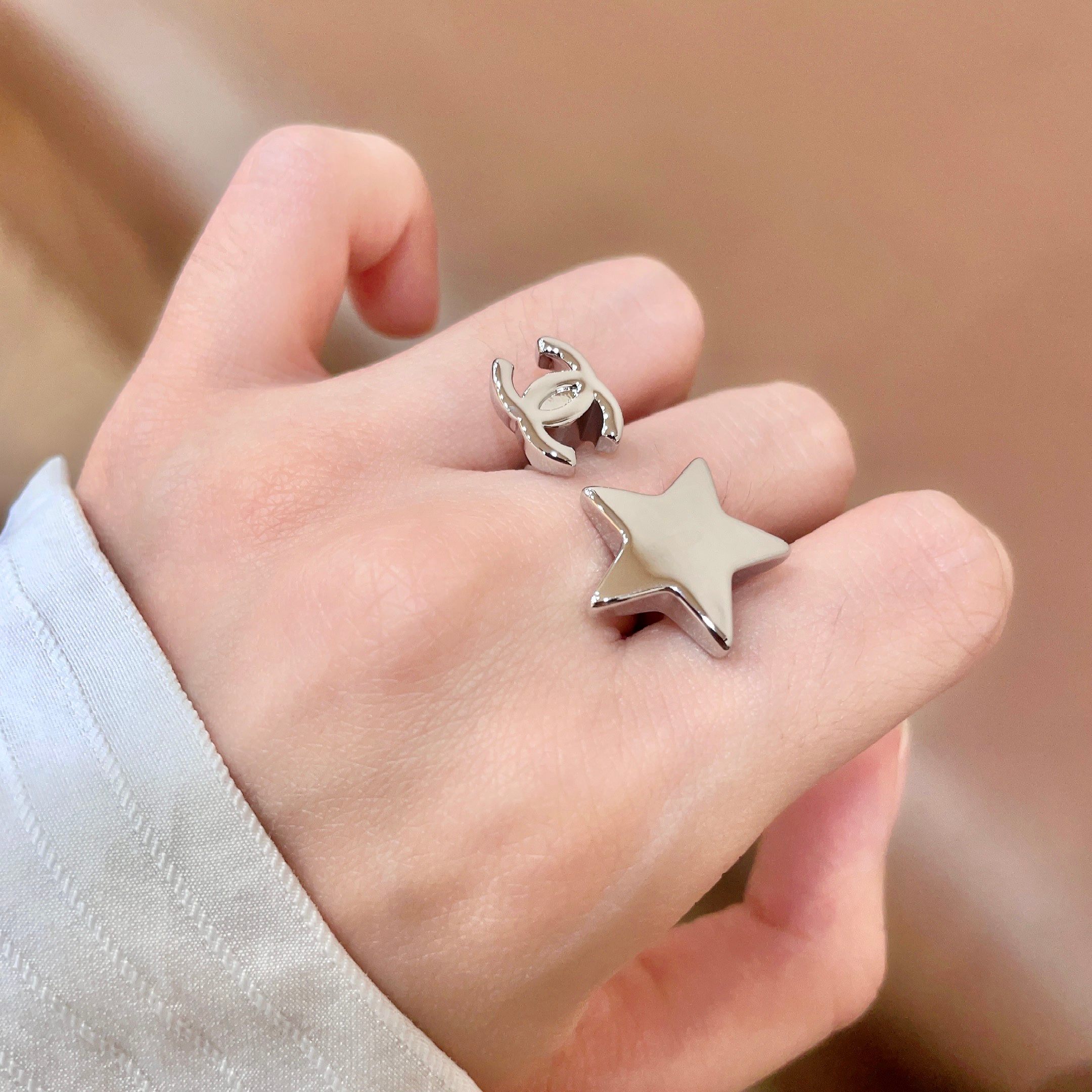 Chanel CC Logo Star Open Ring ring Silver-tone metal no gemstones Adjustable open band fits US sizes 6-8