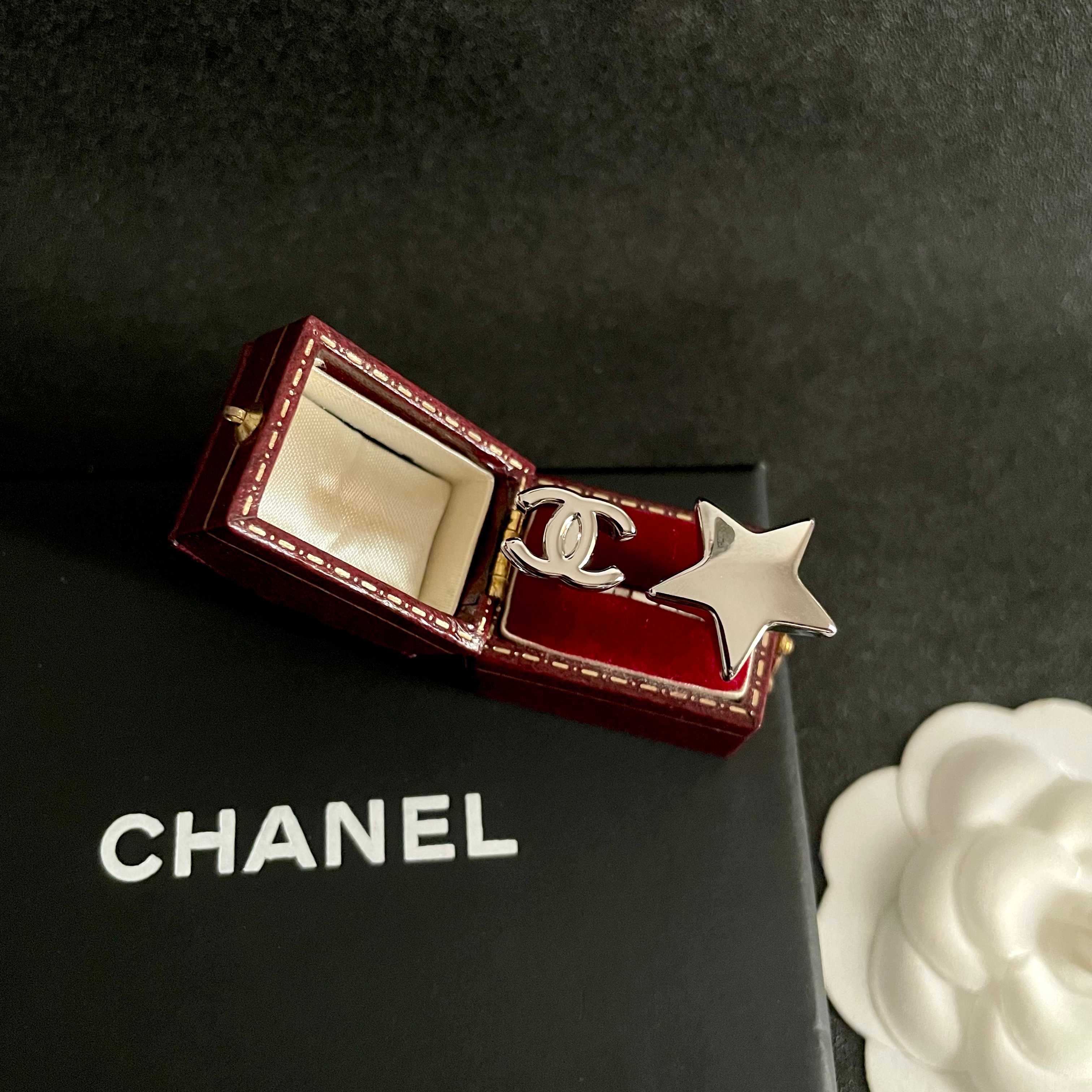 Chanel CC Logo Star Open Ring ring Silver-tone metal no gemstones Adjustable open band fits US sizes 6-8