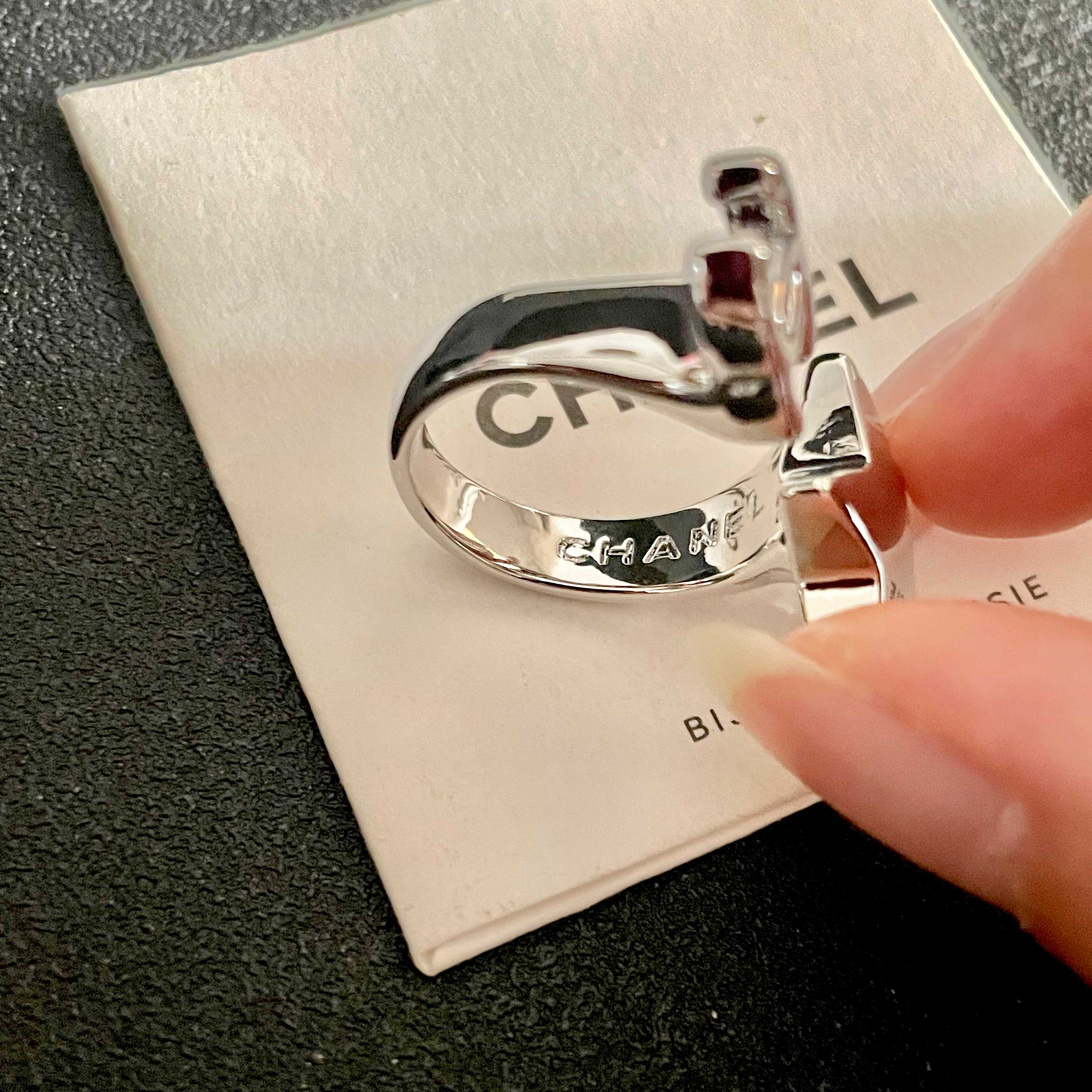 Chanel CC Logo Star Open Ring ring Silver-tone metal no gemstones Adjustable open band fits US sizes 6-8