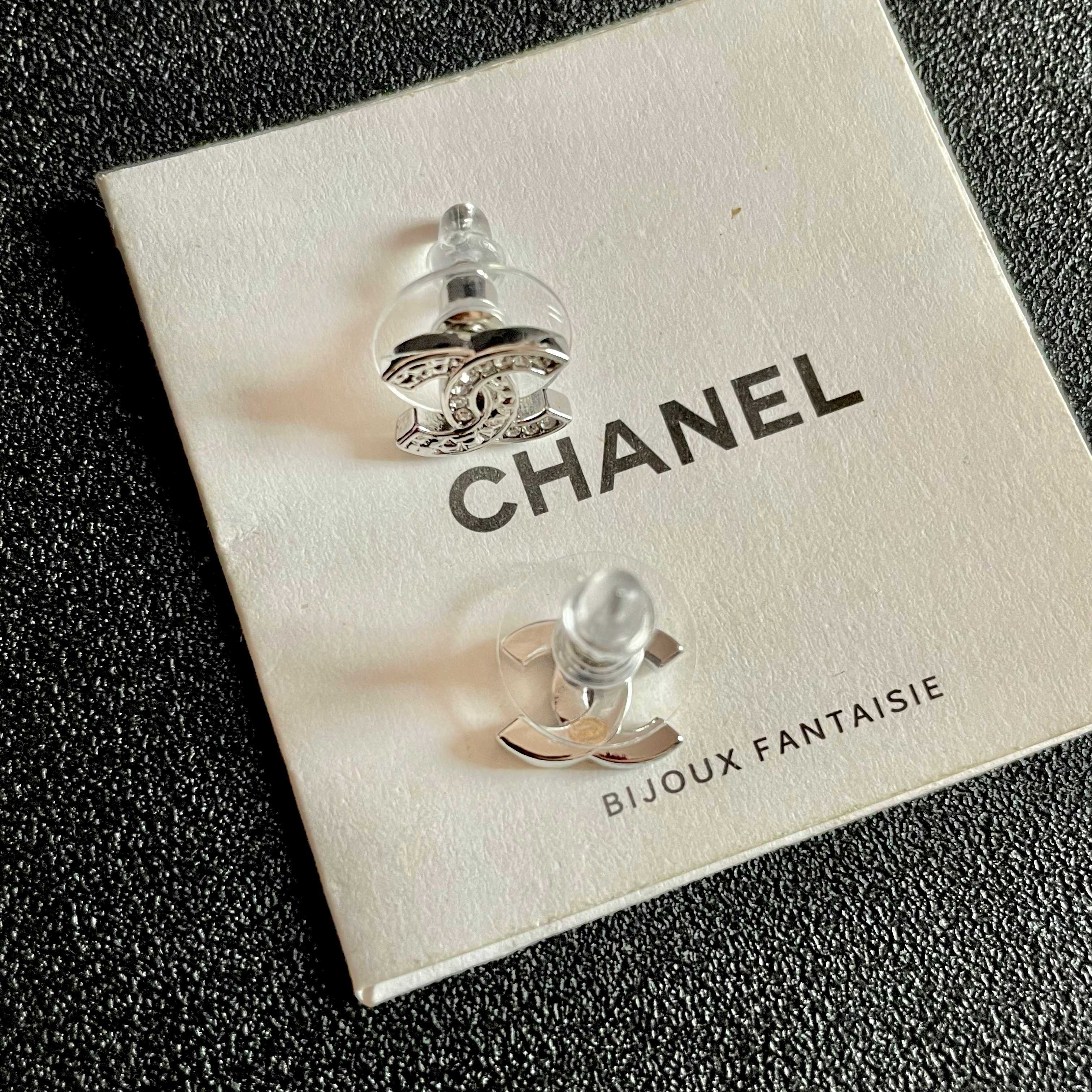 Chanel CC Logo Stud Earrings earrings Silver-toned metal with clear crystal accents One Size 1cm width