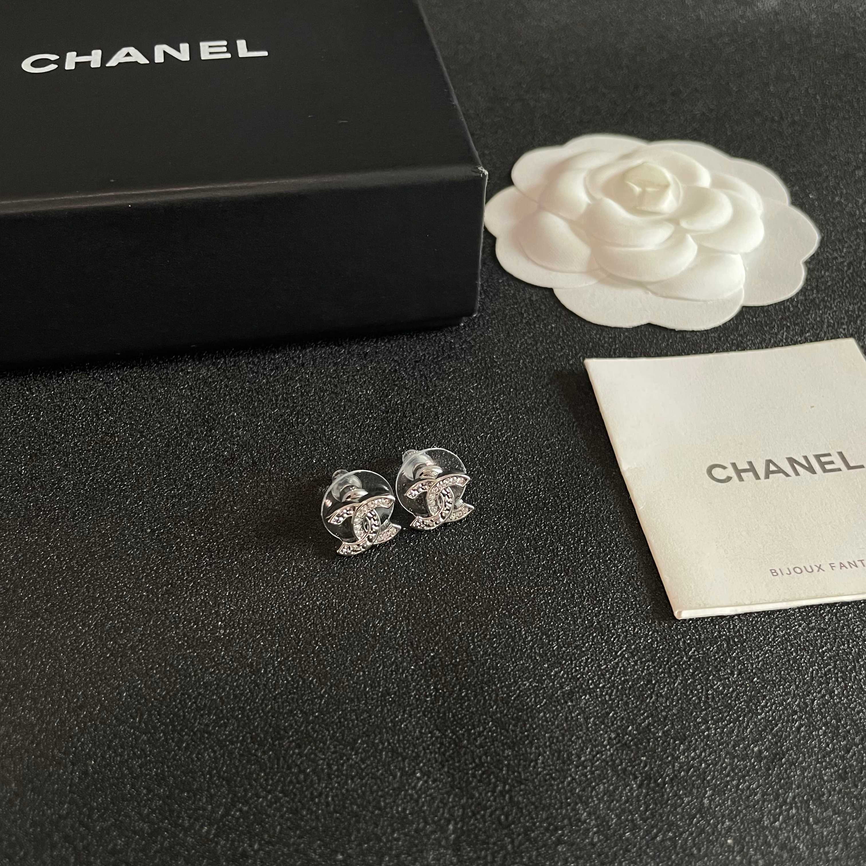 Chanel CC Logo Stud Earrings earrings Silver-toned metal with clear crystal accents One Size 1cm width