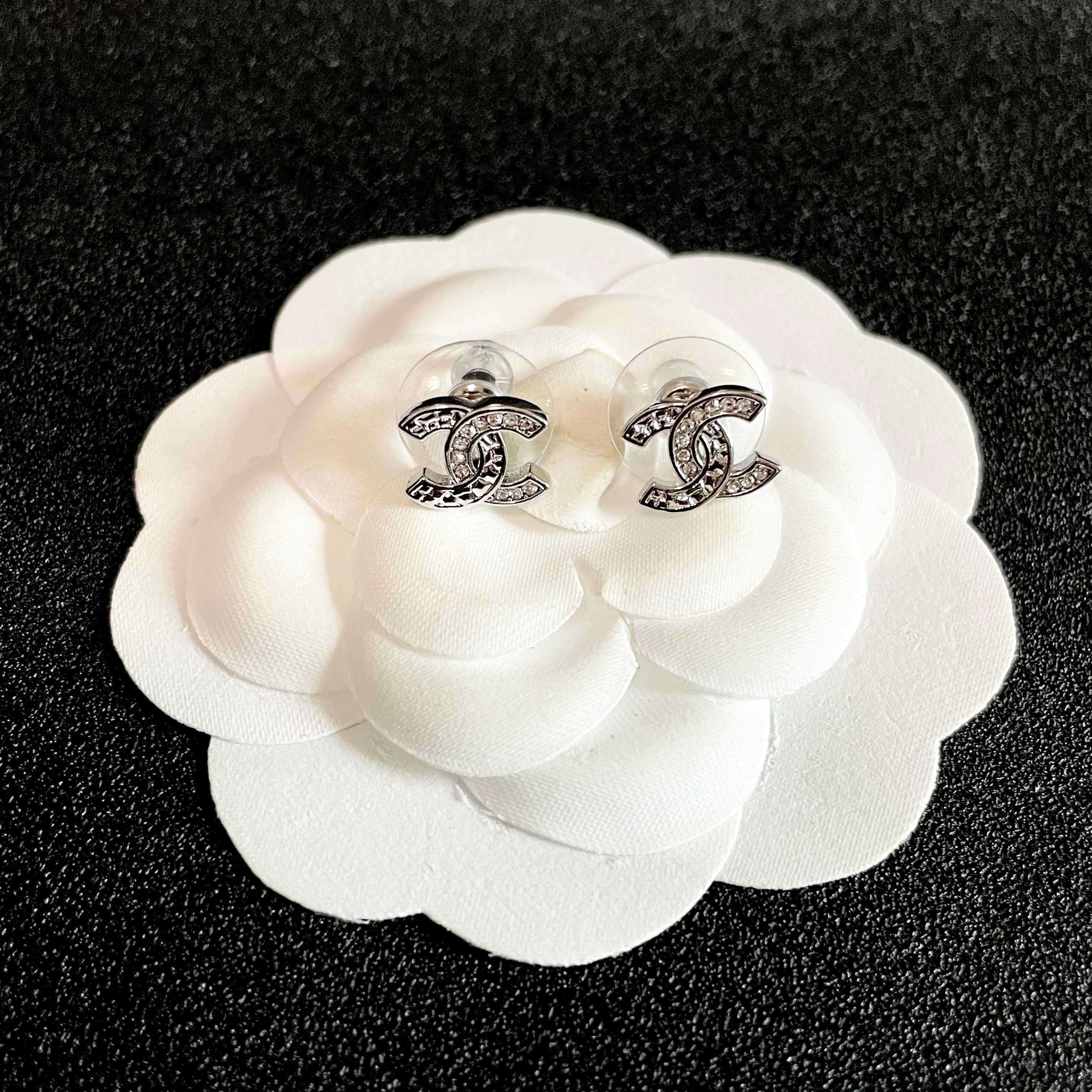 Chanel CC Logo Stud Earrings earrings Silver-toned metal with clear crystal accents One Size 1cm width