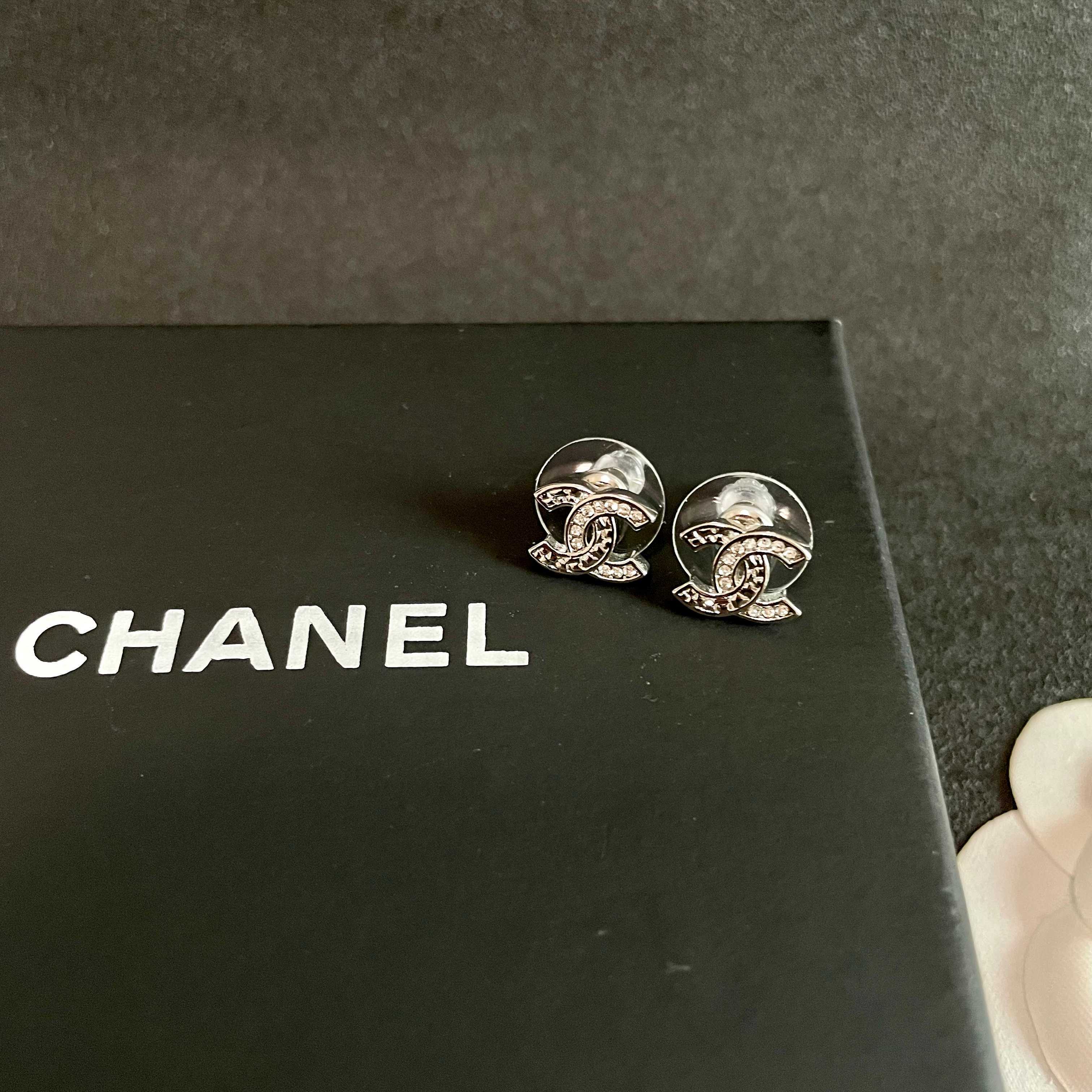 Chanel CC Logo Stud Earrings earrings Silver-toned metal with clear crystal accents One Size 1cm width