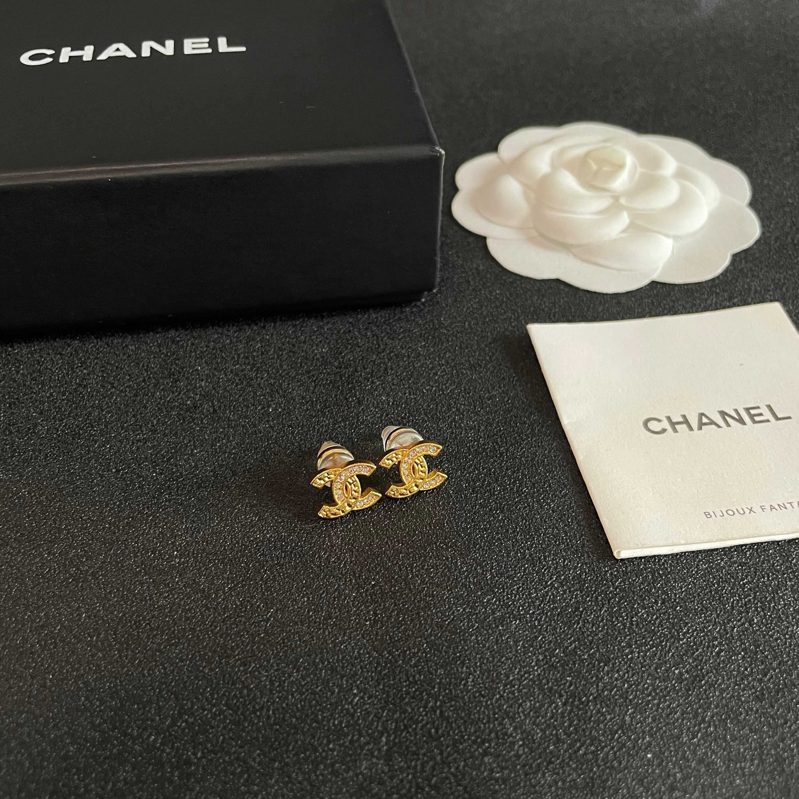 Chanel CC Logo Stud Earrings earrings Gold-tone metal with clear crystal accents silver-tone metal with clear crystal accents 1cm stud diameter